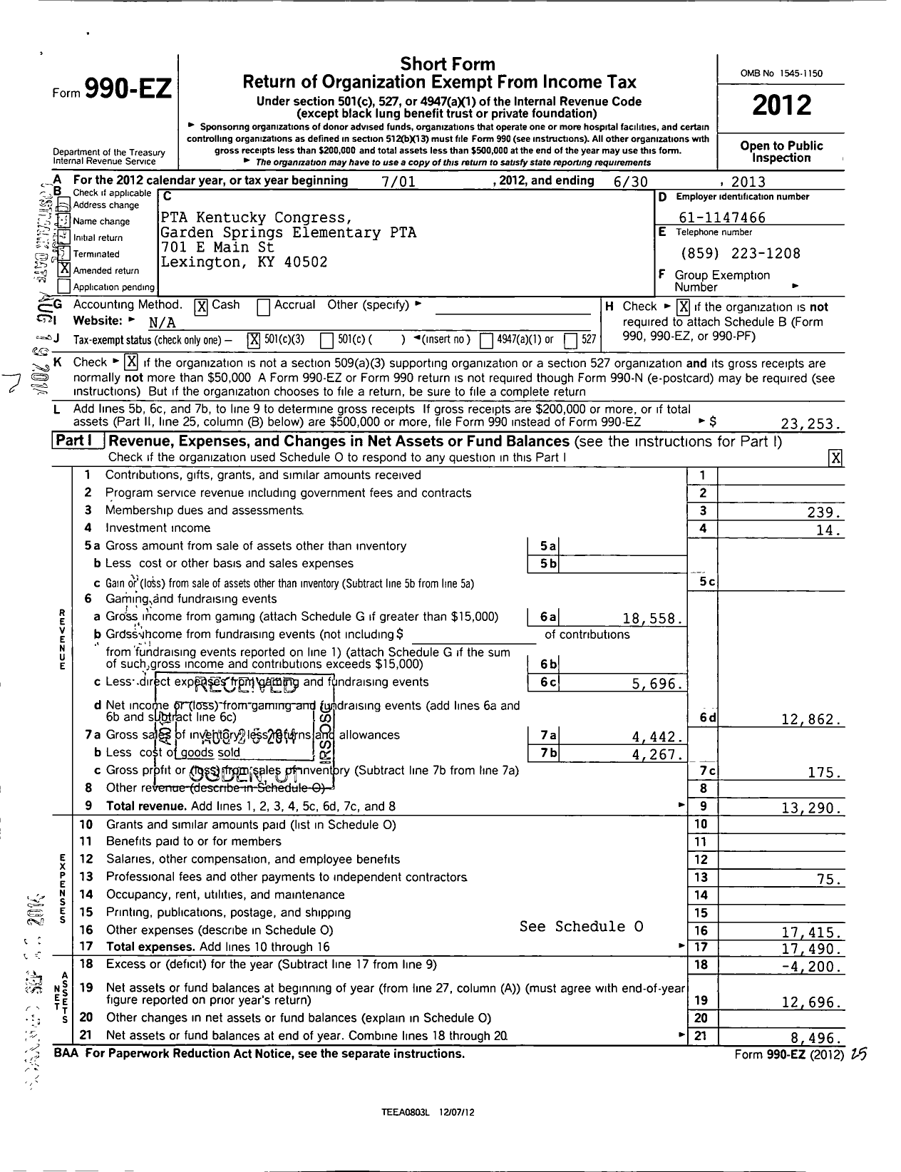 Image of first page of 2012 Form 990EZ for PTA Kentucky Congress / Garden Springs Elementary PTA