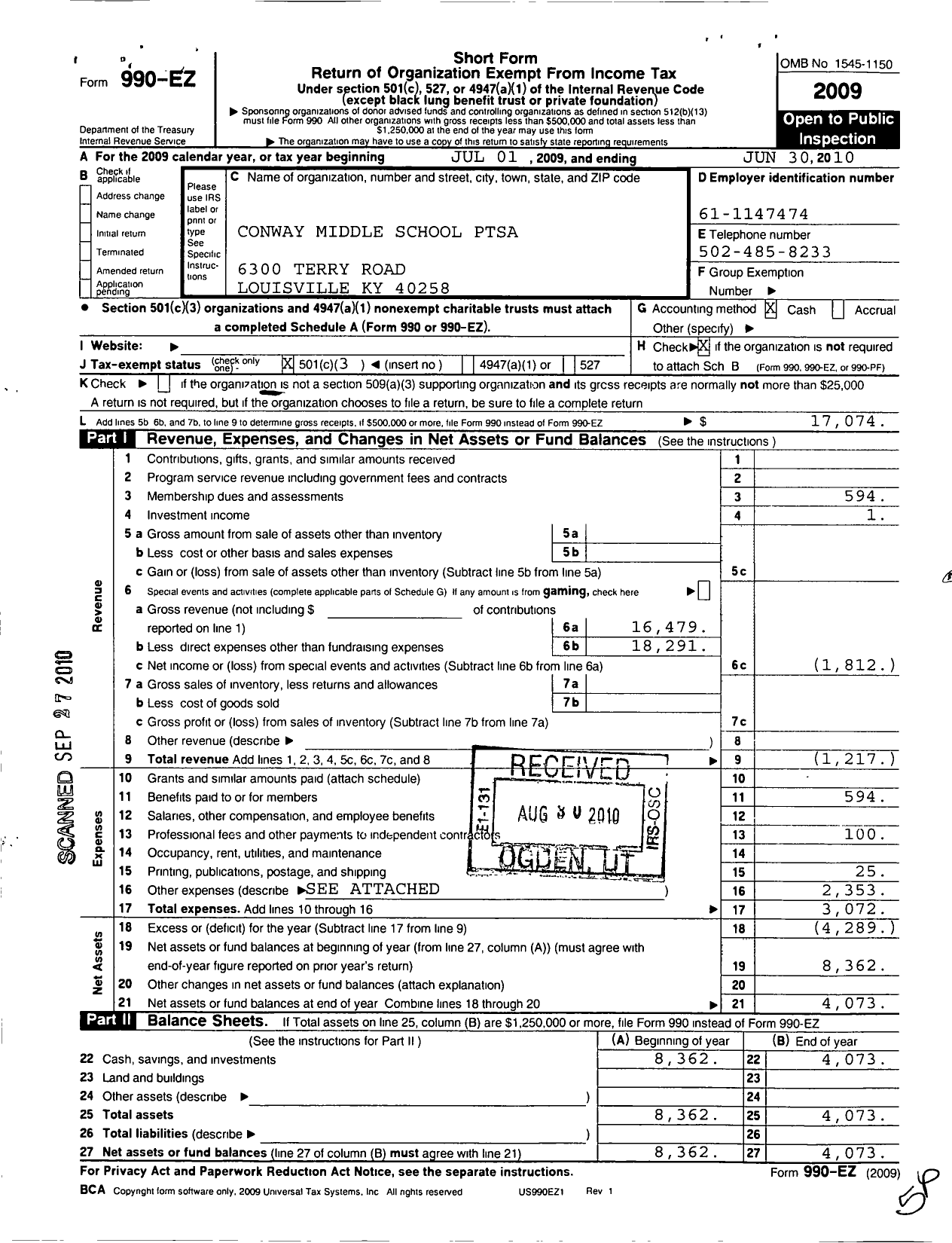 Image of first page of 2009 Form 990EZ for PTA Kentucky Congress / Conway Middle Ptsa