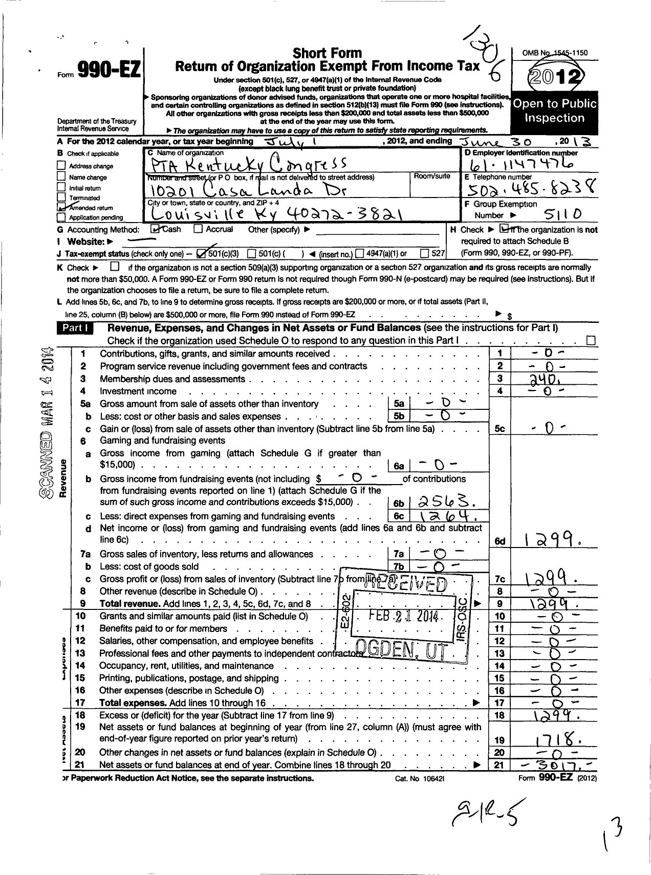 Image of first page of 2012 Form 990EZ for PTA Kentucky Congress / Dixie Elementary PTA