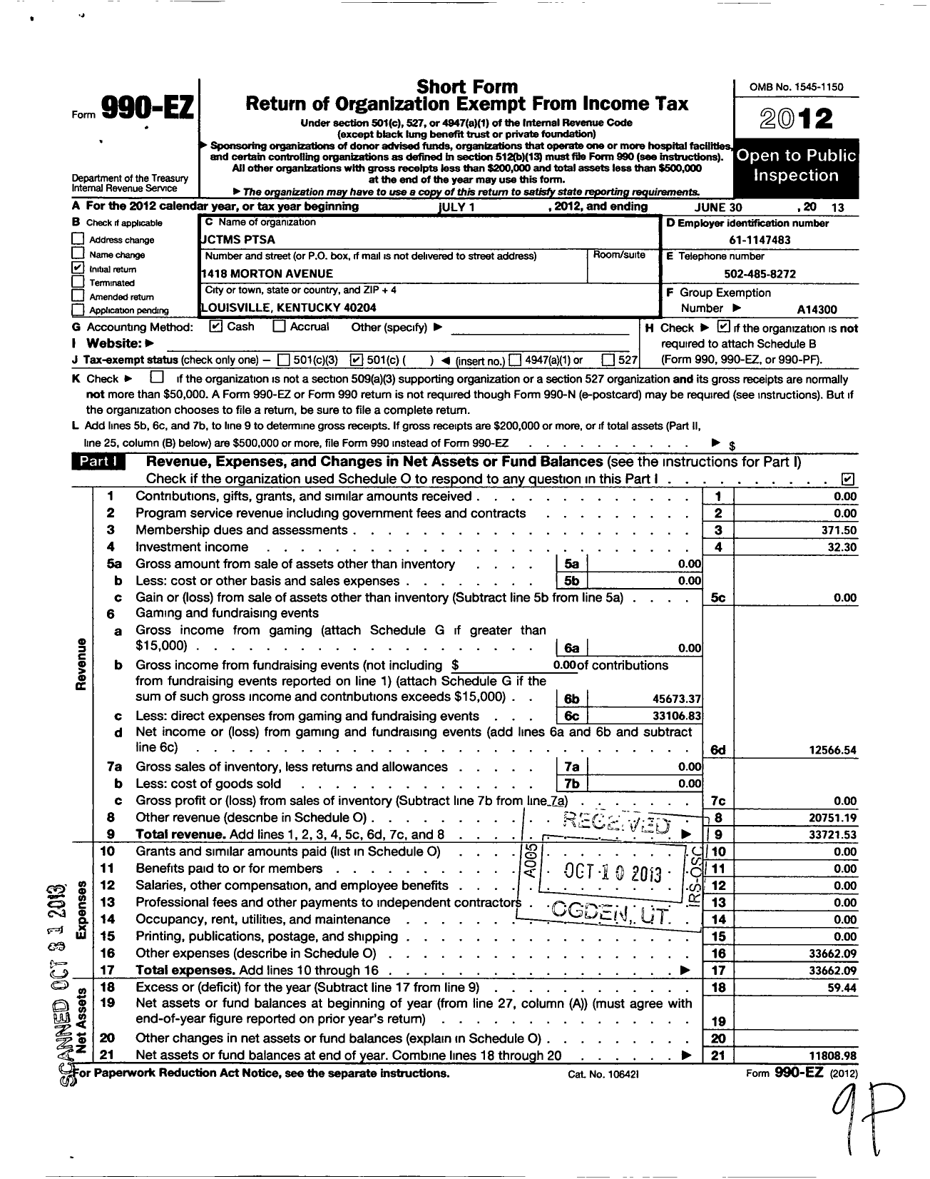 Image of first page of 2012 Form 990EO for PTA Kentucky Congress / Jefferson Traditional Middle Ptsa