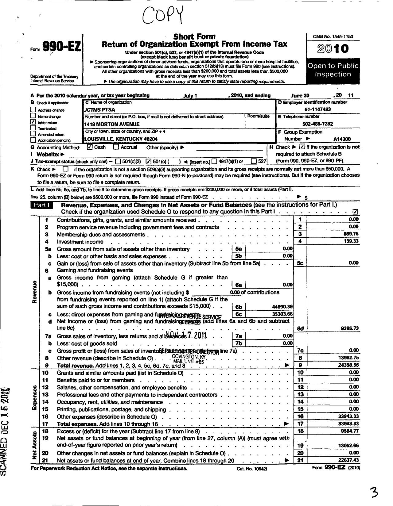 Image of first page of 2010 Form 990EO for PTA Kentucky Congress / Jefferson Traditional Middle Ptsa