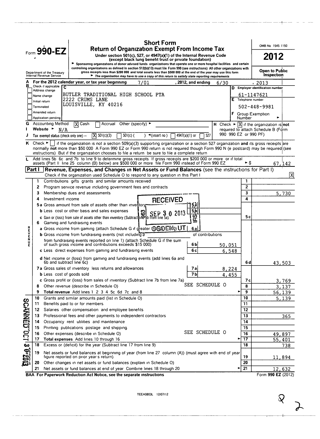 Image of first page of 2012 Form 990EZ for PTA Kentucky Congress / Butler Traditional High Ptsa