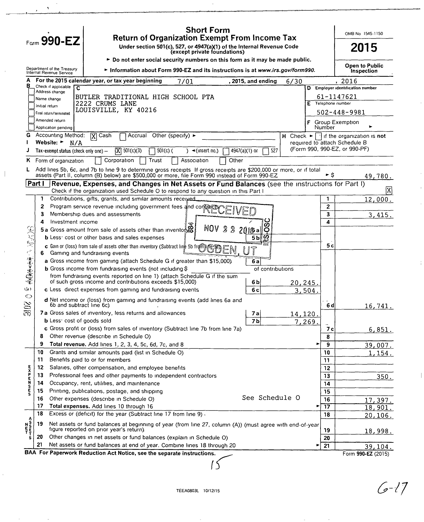 Image of first page of 2015 Form 990EZ for PTA Kentucky Congress / Butler Traditional High Ptsa