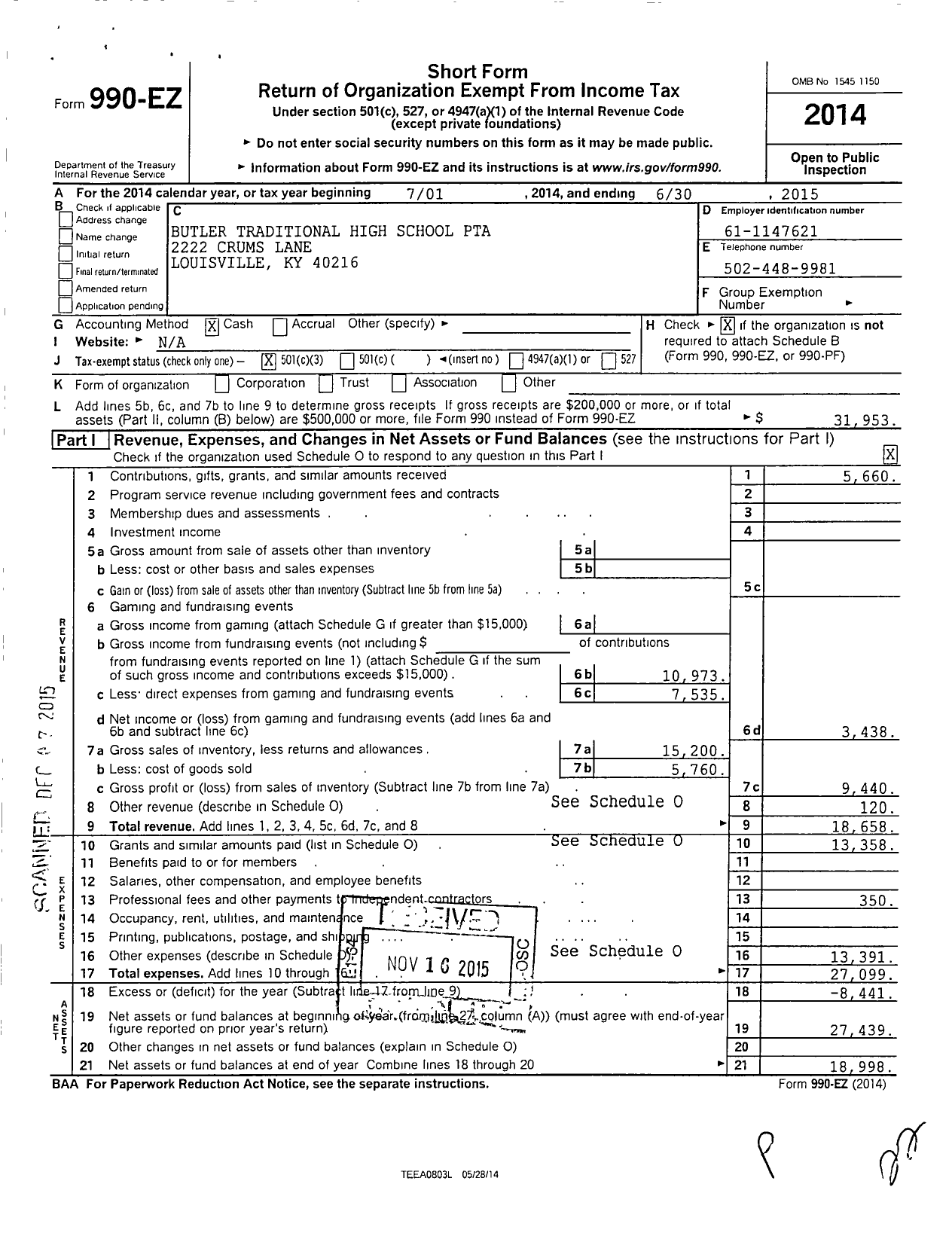 Image of first page of 2014 Form 990EZ for PTA Kentucky Congress / Butler Traditional High Ptsa