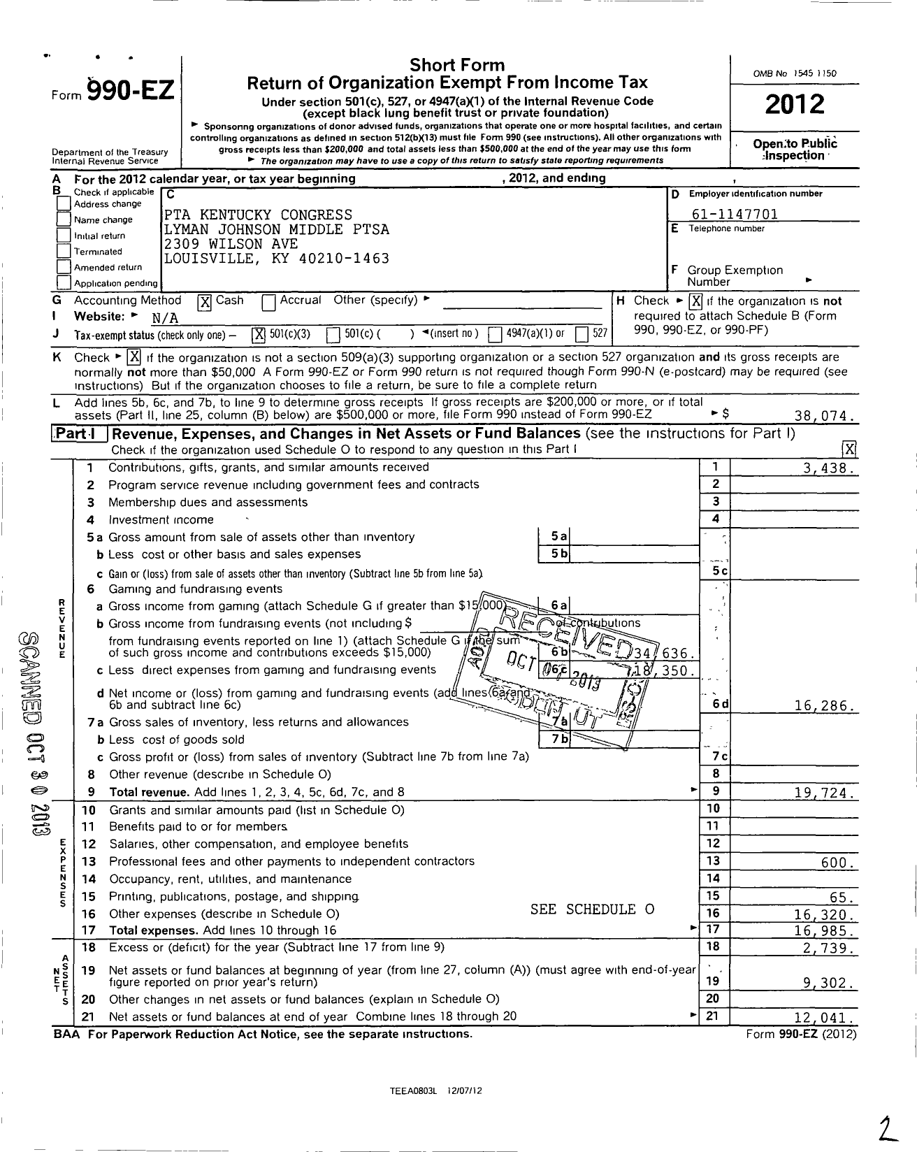 Image of first page of 2012 Form 990EZ for PTA Kentucky Congress / Lyman T Johnson Middle Ptsa