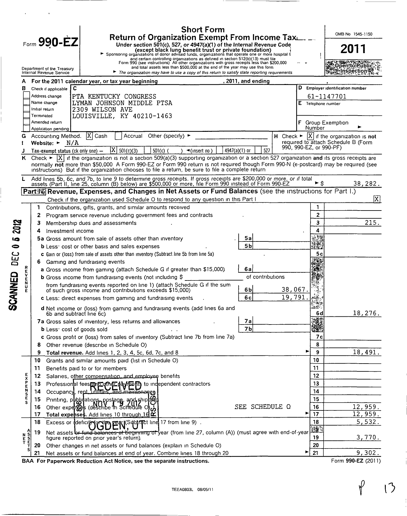 Image of first page of 2011 Form 990EZ for PTA Kentucky Congress / Lyman T Johnson Middle Ptsa