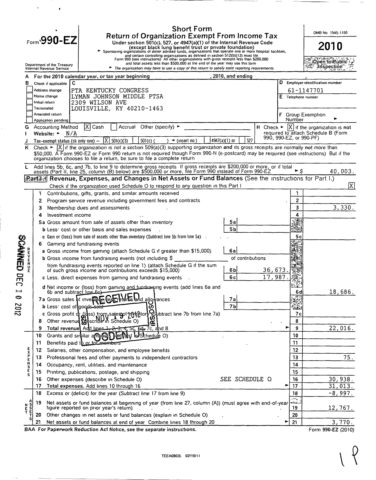 Image of first page of 2010 Form 990EZ for PTA Kentucky Congress / Lyman T Johnson Middle Ptsa