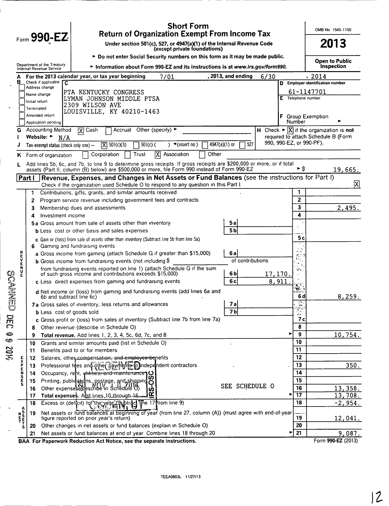 Image of first page of 2013 Form 990EZ for PTA Kentucky Congress / Lyman T Johnson Middle Ptsa