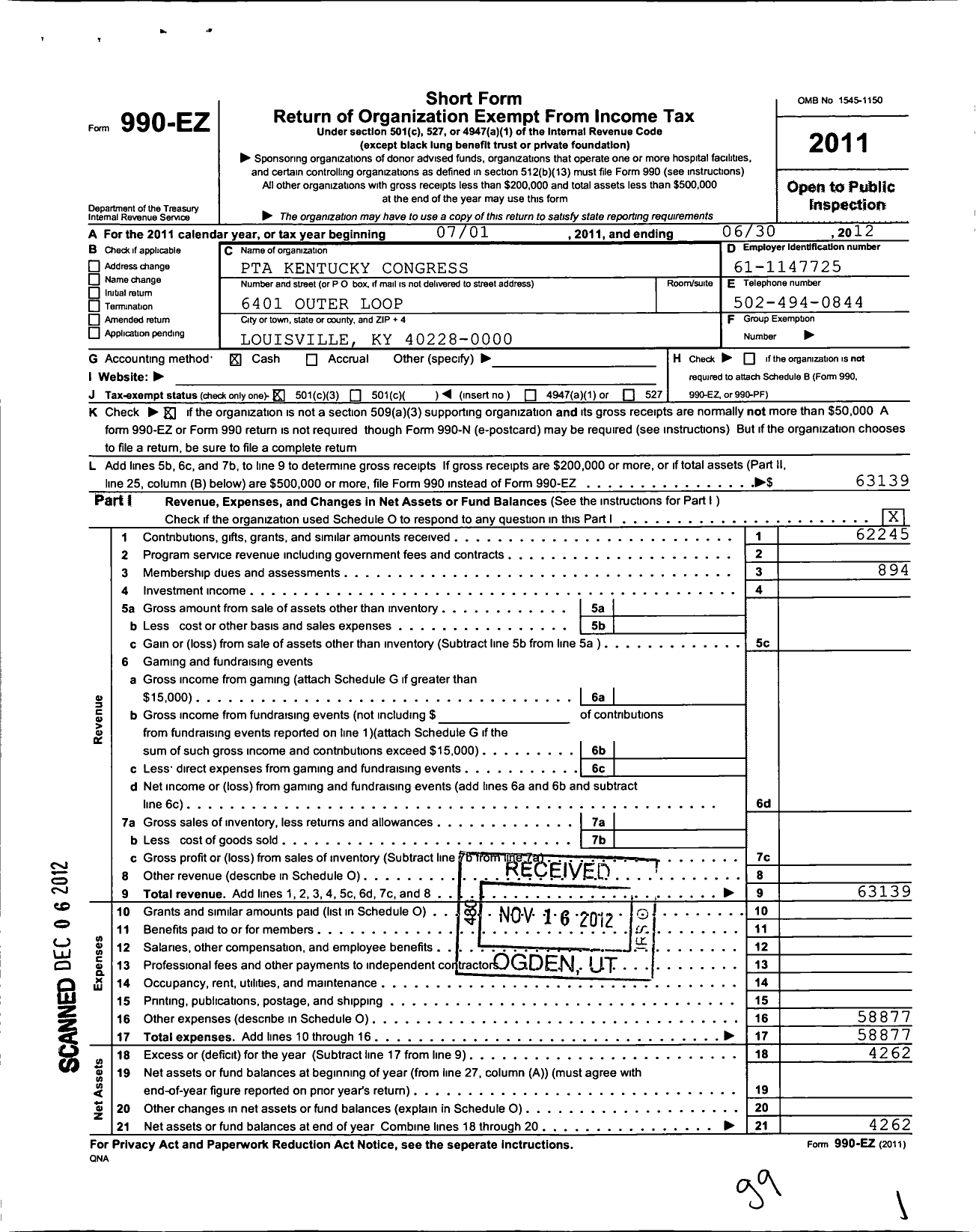 Image of first page of 2011 Form 990EZ for PTA Kentucky Congress / Smyrna Elementary PTA