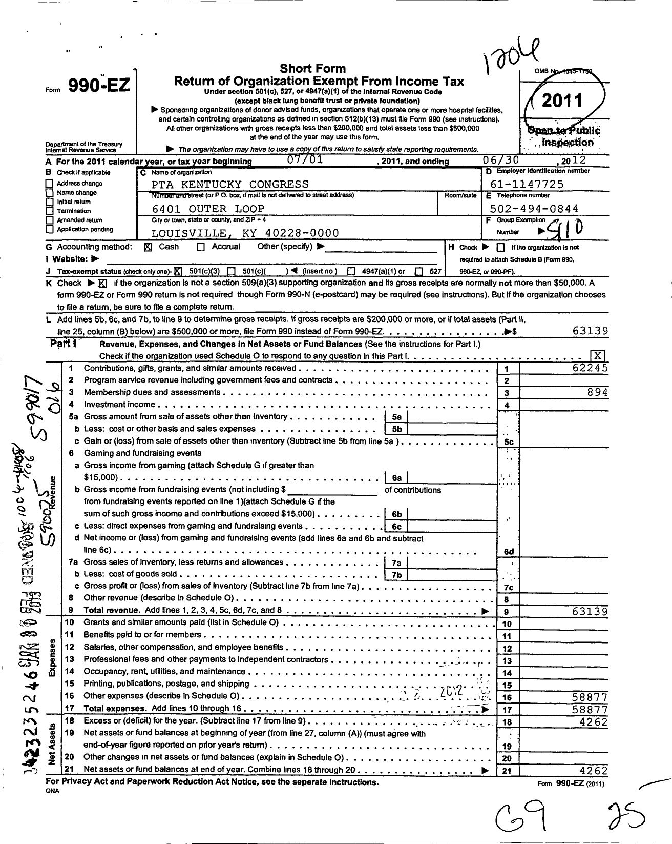 Image of first page of 2011 Form 990EZ for PTA Kentucky Congress / Smyrna Elementary PTA