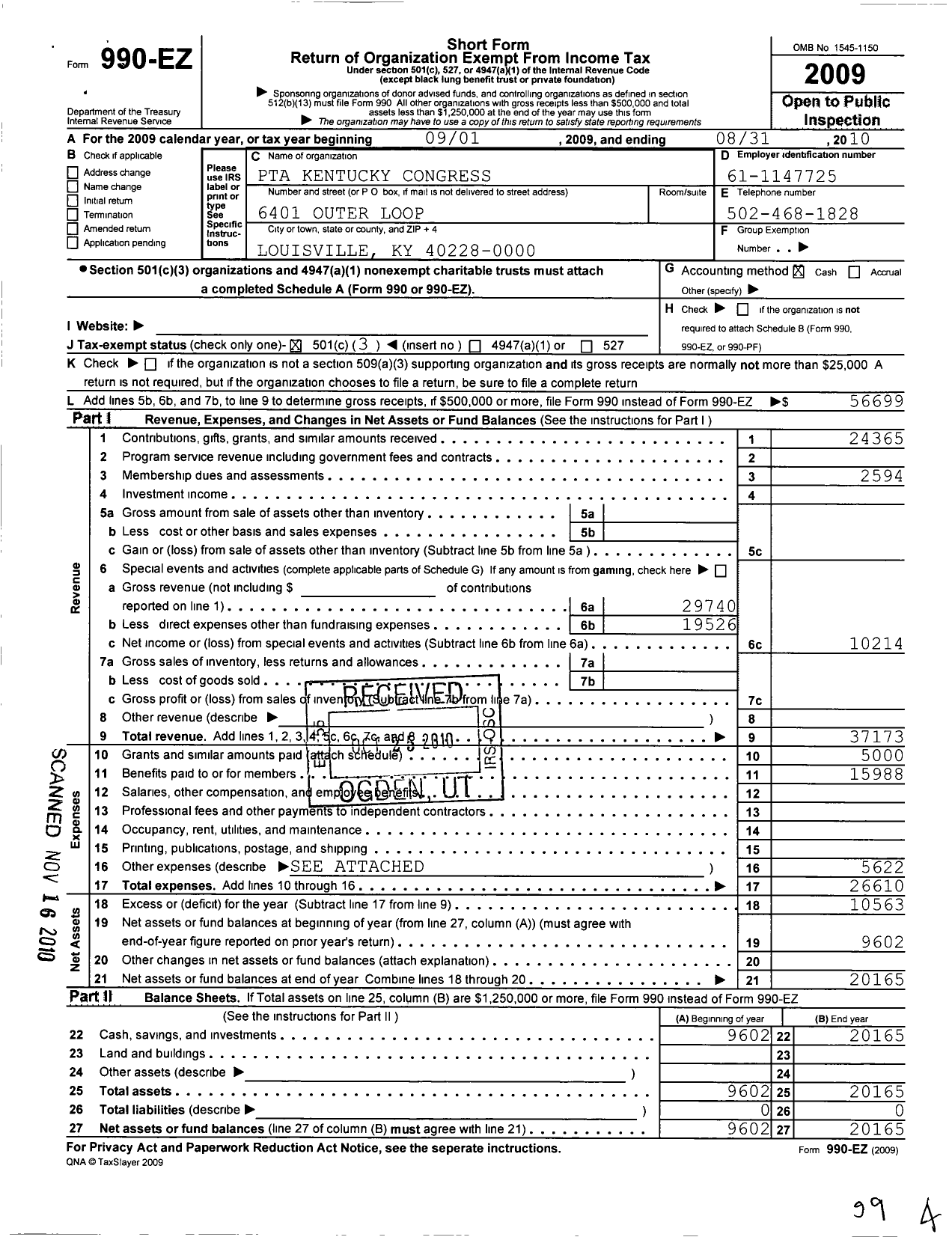 Image of first page of 2009 Form 990EZ for PTA Kentucky Congress / Smyrna Elementary PTA