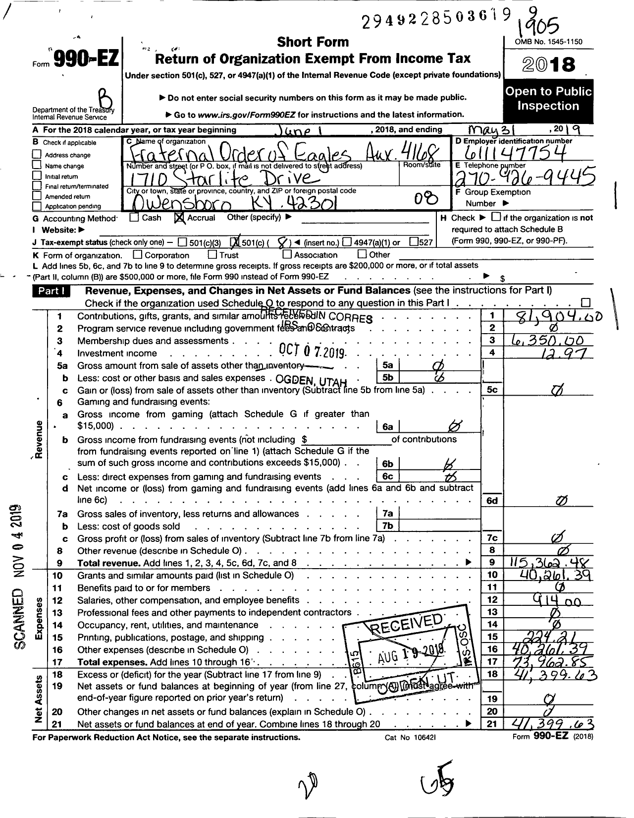 Image of first page of 2018 Form 990EO for Fraternal Order of Eagles - 4168 Aux