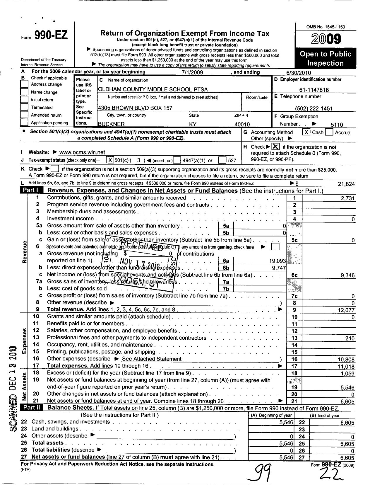 Image of first page of 2009 Form 990EZ for PTA Kentucky Congress / Oldham County Middle PTA