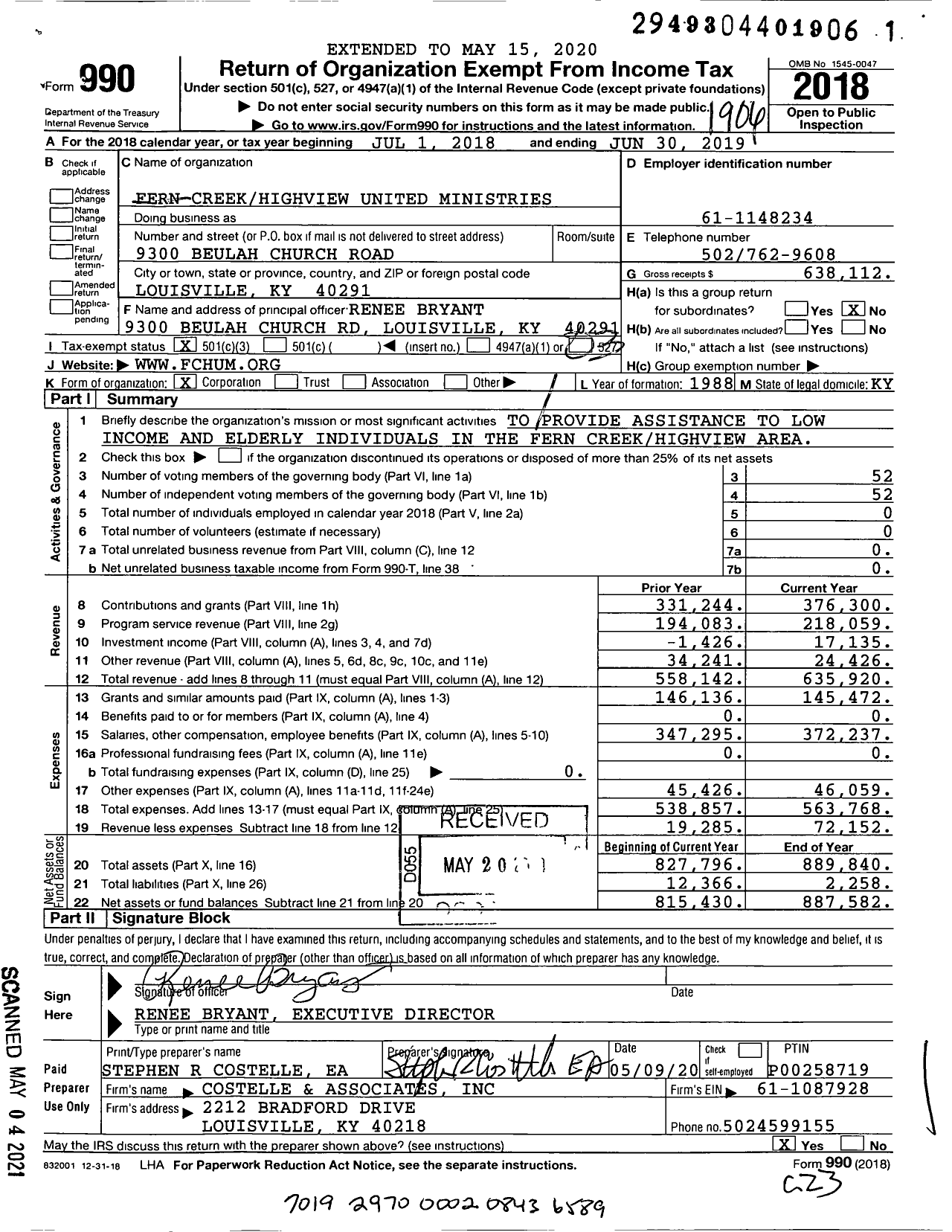 Image of first page of 2018 Form 990 for Fern Creekhighview United Ministries