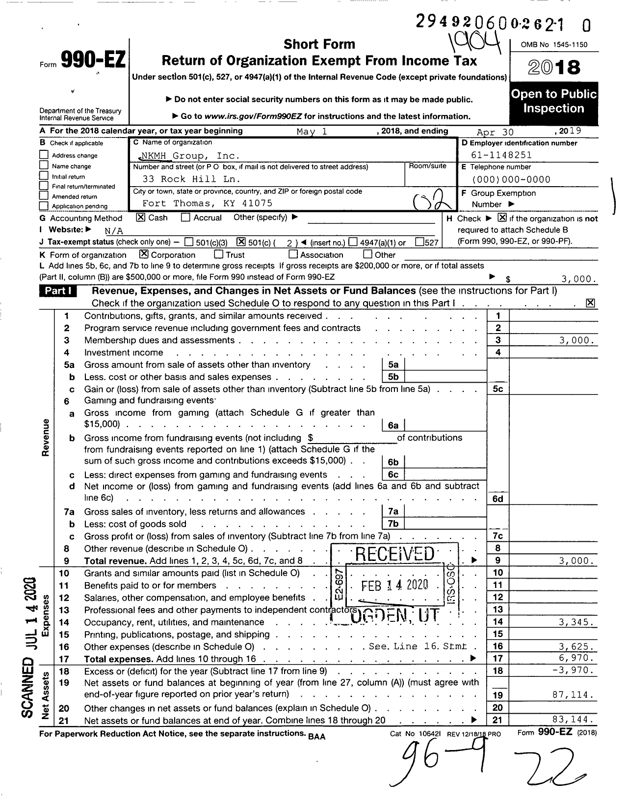 Image of first page of 2018 Form 990EO for NKMH Group