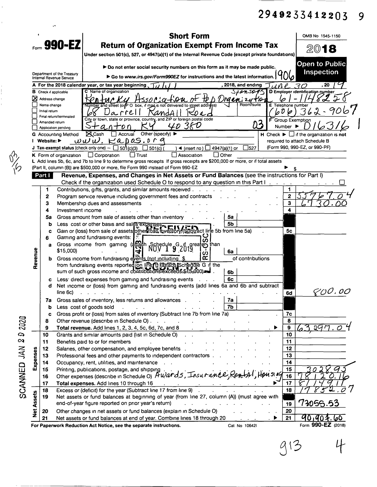 Image of first page of 2018 Form 990EZ for Kentucky Association of Pep Organization Sponsors