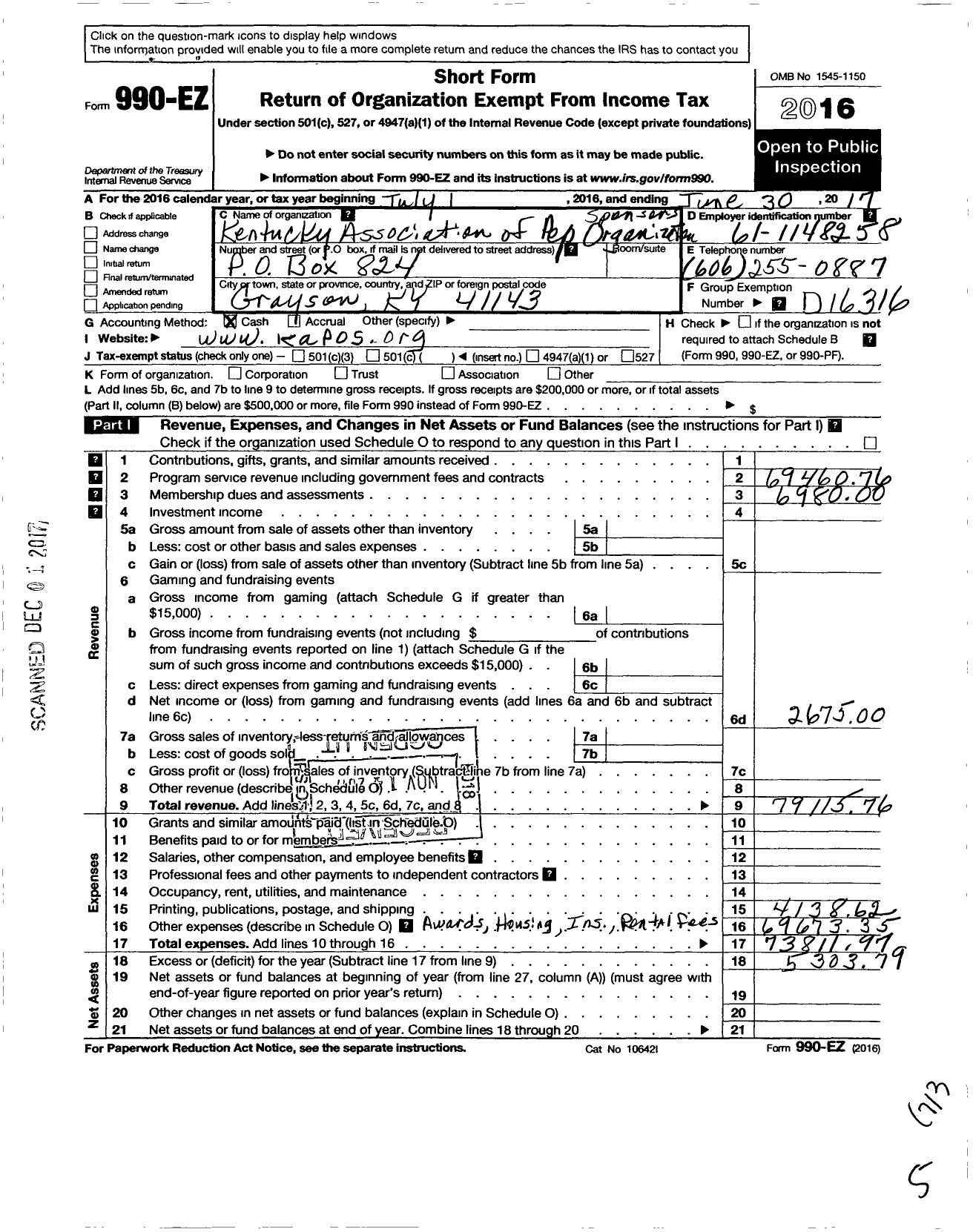 Image of first page of 2016 Form 990EO for Kentucky Association of Pep Organization Sponsors