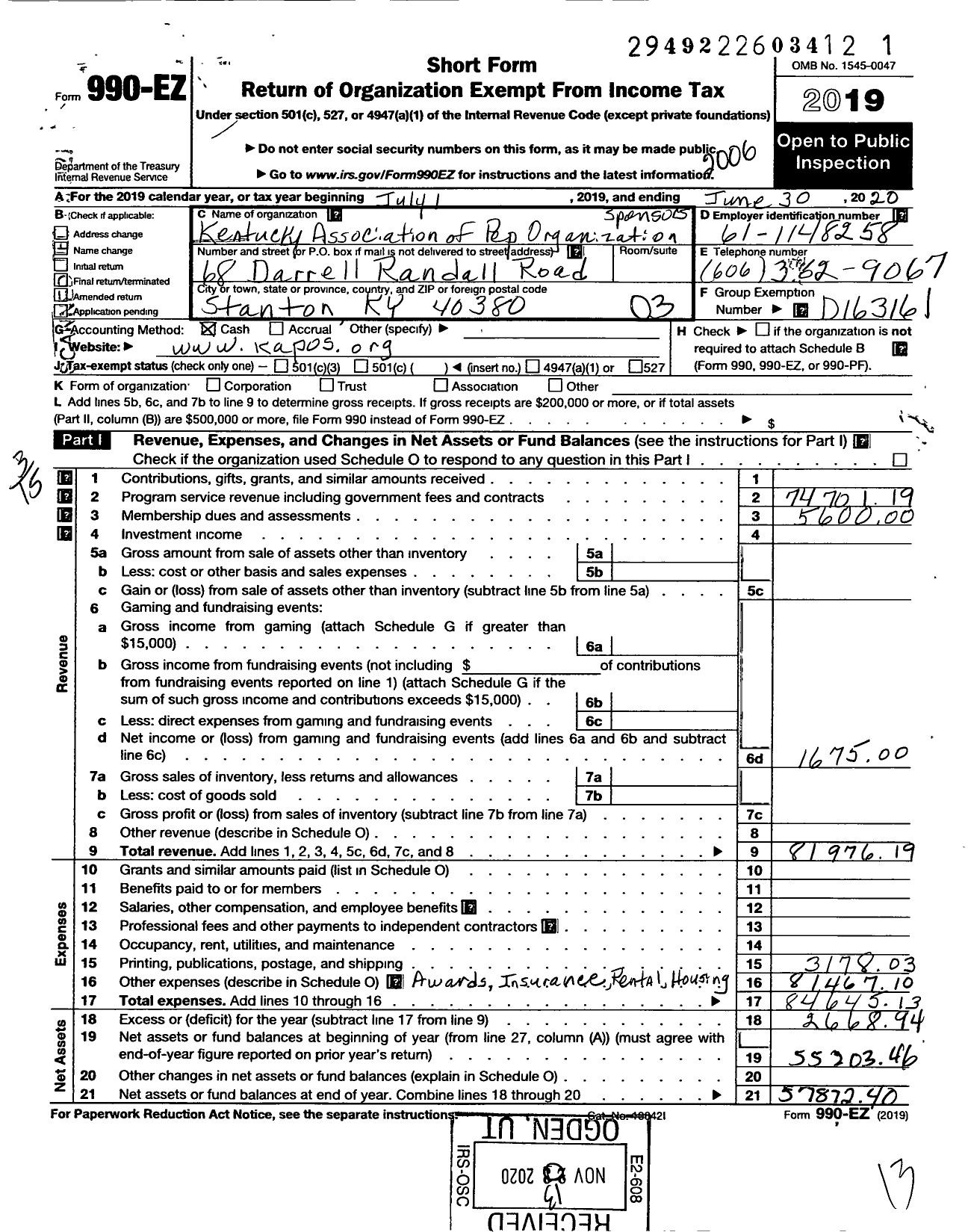 Image of first page of 2019 Form 990EZ for Kentucky Association of Pep Organization Sponsors