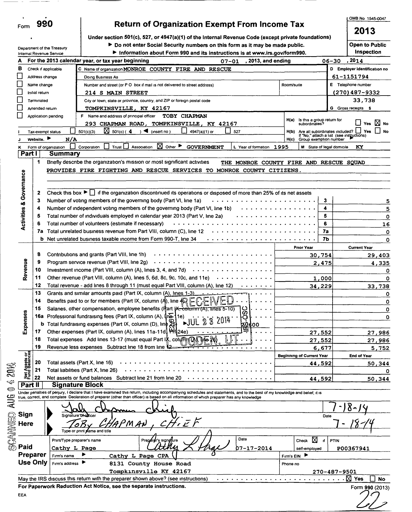 Image of first page of 2013 Form 990O for Monroe County Fire and Rescue