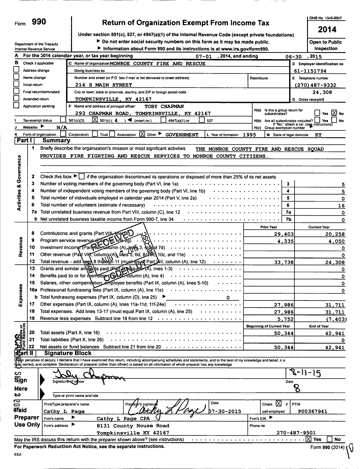 Image of first page of 2014 Form 990O for Monroe County Fire and Rescue