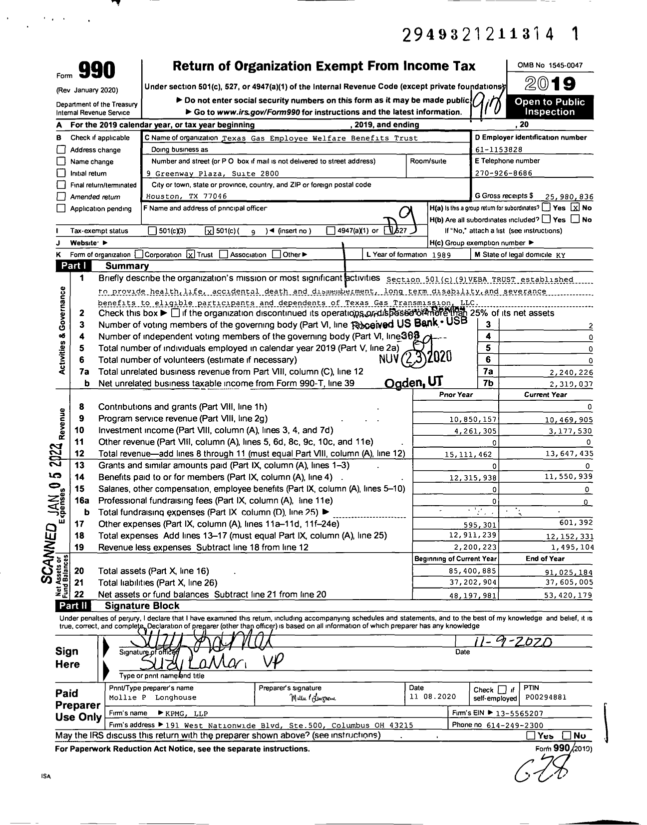 Image of first page of 2019 Form 990O for Texas Gas Employee Welfare Benefits Trust