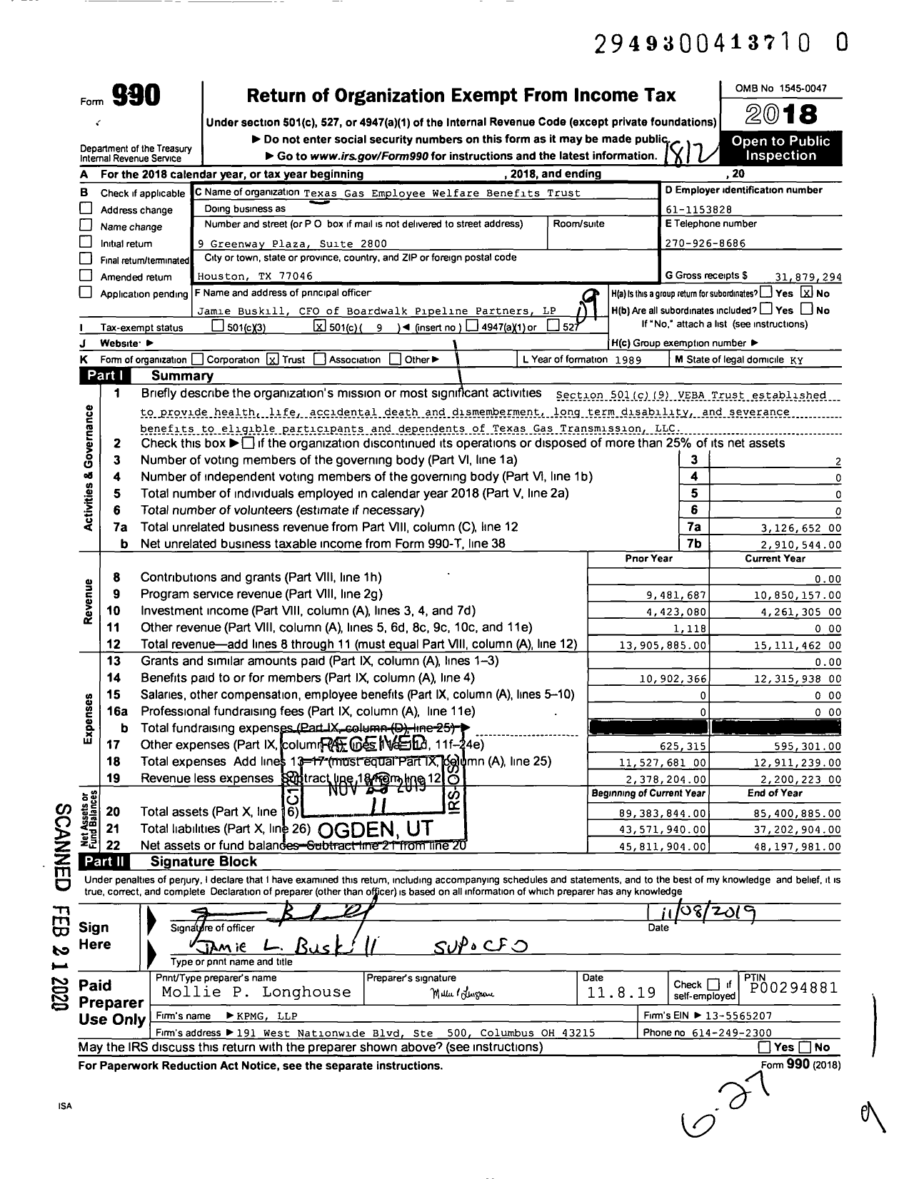 Image of first page of 2018 Form 990O for Texas Gas Employee Welfare Benefits Trust