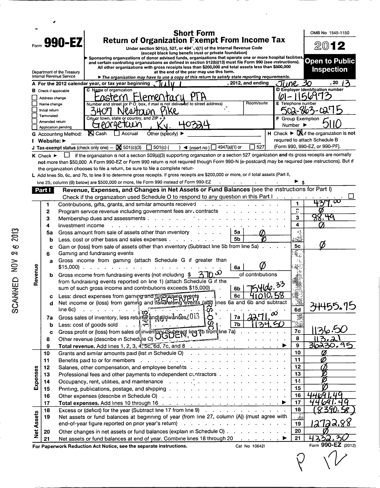 Image of first page of 2012 Form 990EZ for PTA KENTUCKY CONGRESS / Eastern Elementary PTA