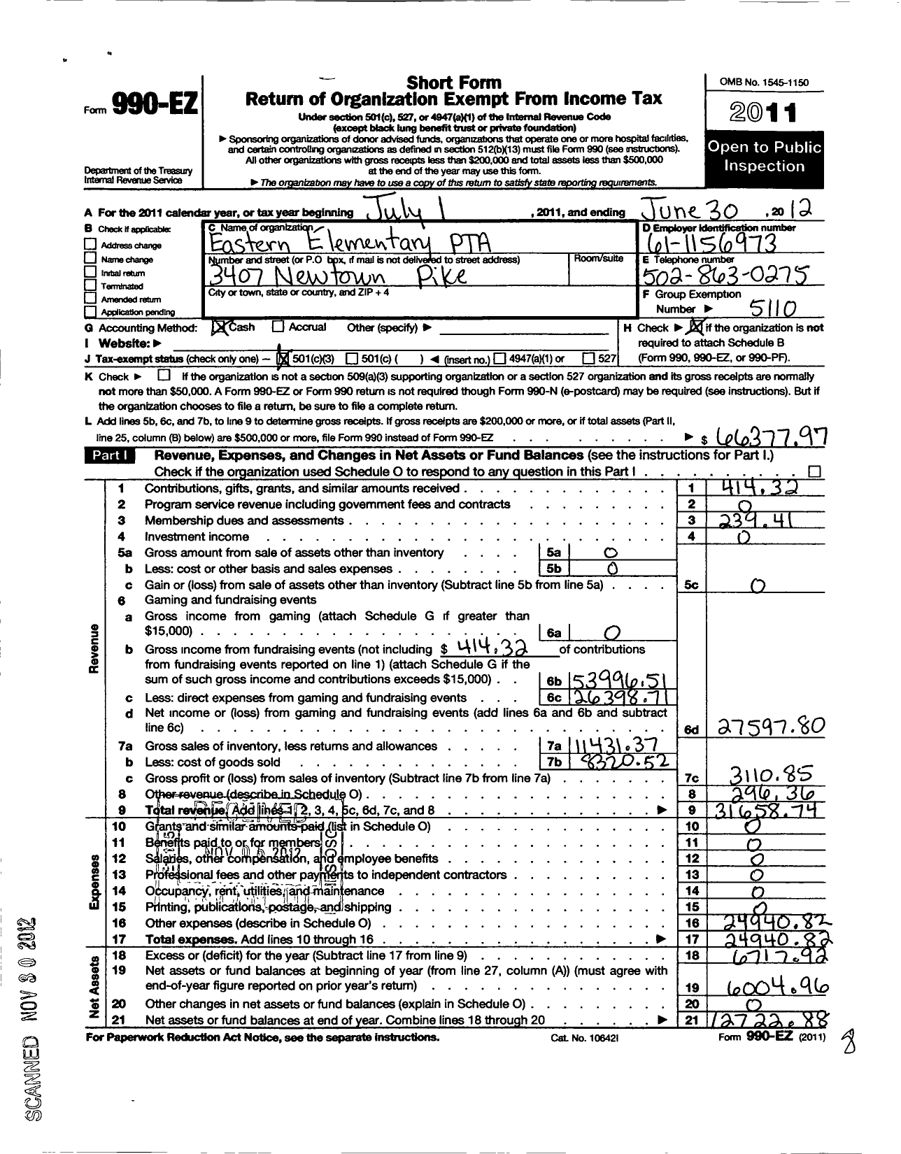 Image of first page of 2011 Form 990EZ for PTA KENTUCKY CONGRESS / Eastern Elementary PTA