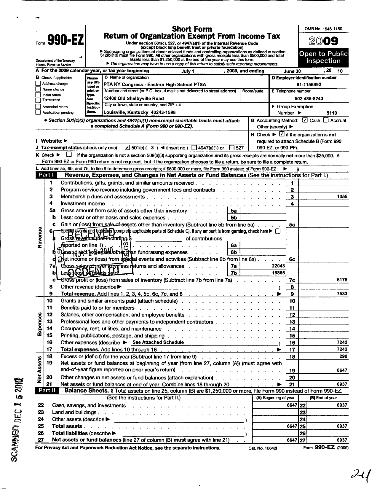 Image of first page of 2009 Form 990EZ for PTA Kentucky Congress / Eastern High School Ptsa