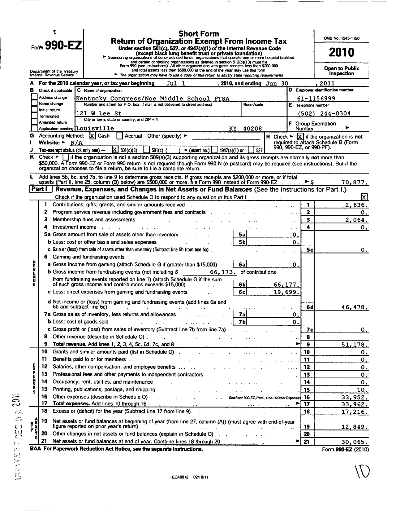 Image of first page of 2010 Form 990EZ for PTA Kentucky Congress / Noe Middle PTA