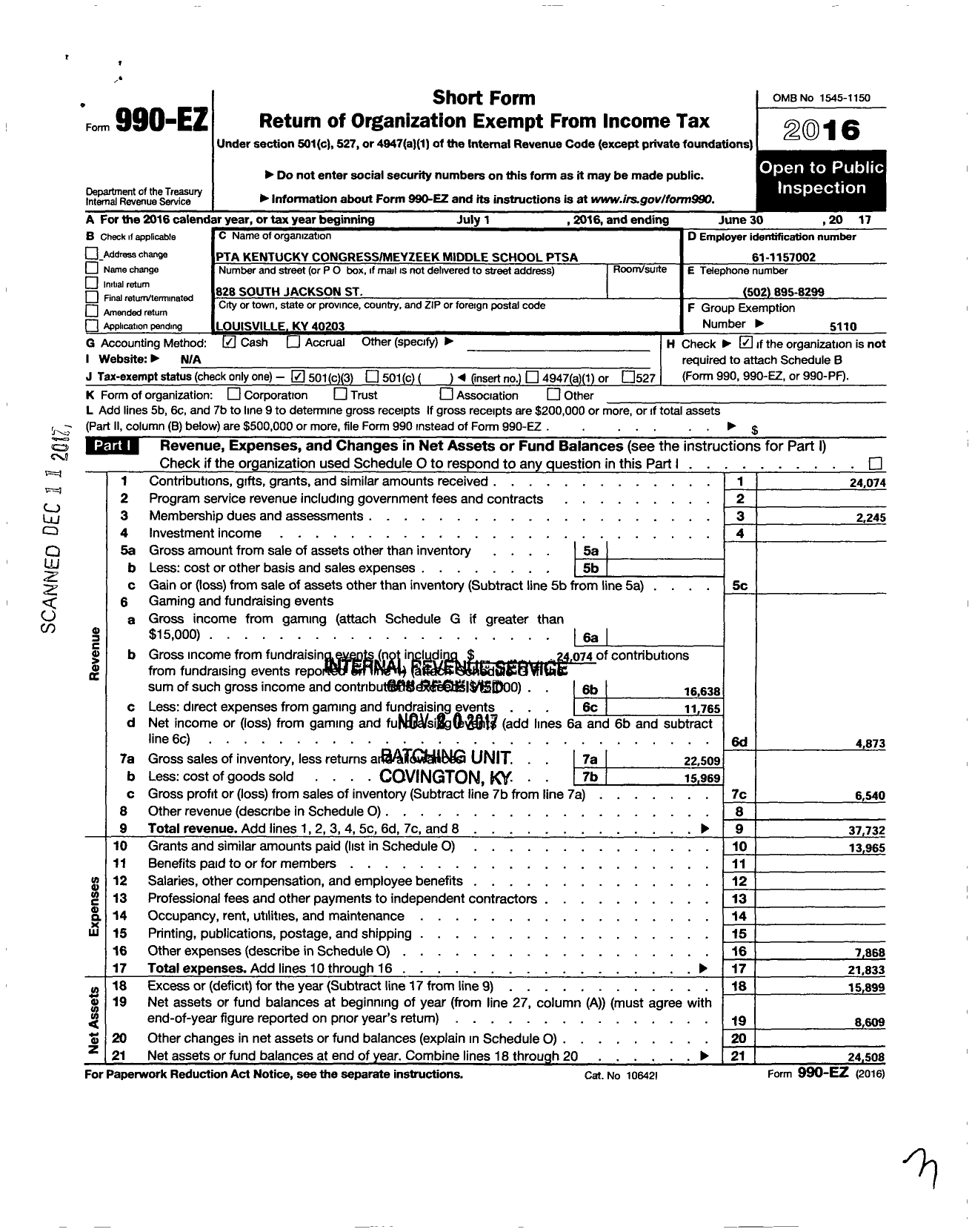 Image of first page of 2016 Form 990EZ for PTA Kentucky Congress / Meyzeek Middle Ptsa