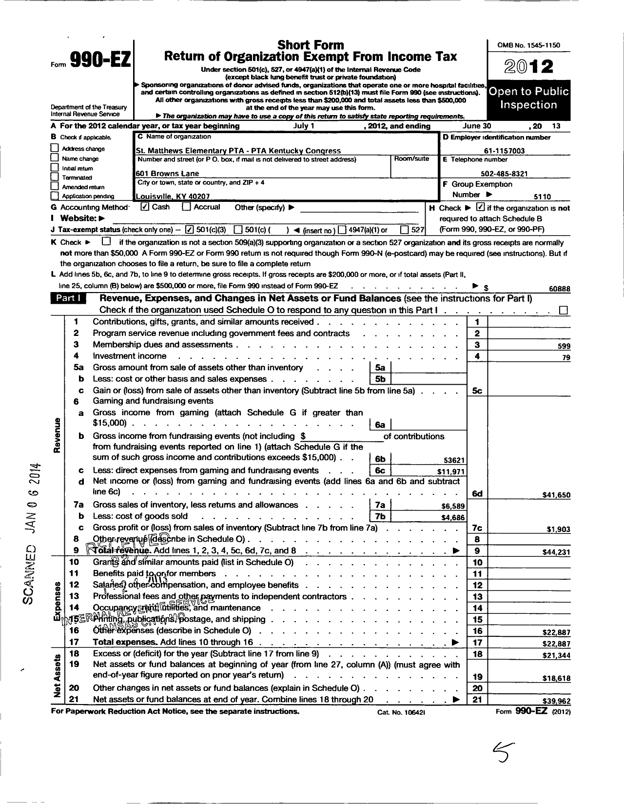 Image of first page of 2012 Form 990EZ for PTA Kentucky Congress / St Matthews Elementary PTA