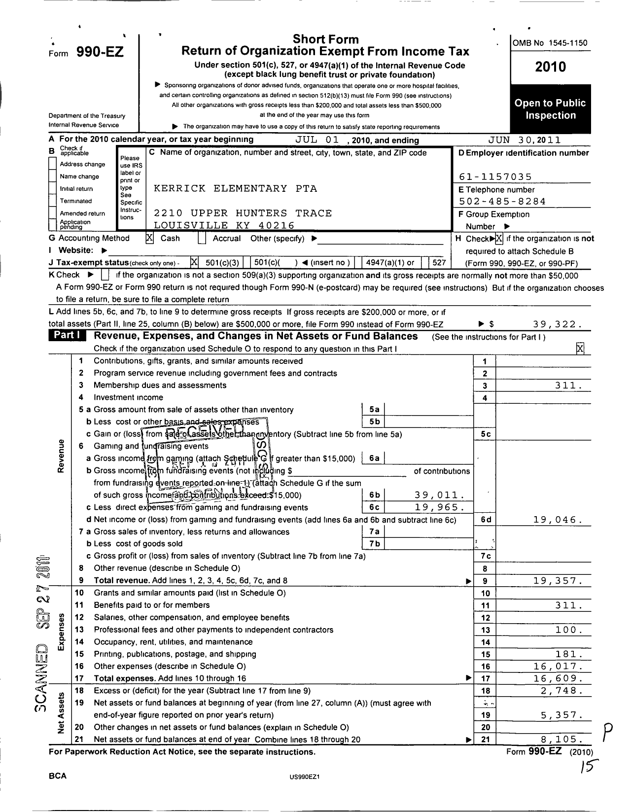 Image of first page of 2010 Form 990EZ for PTA Kentucky Congress / Kerrick Elementary PTA