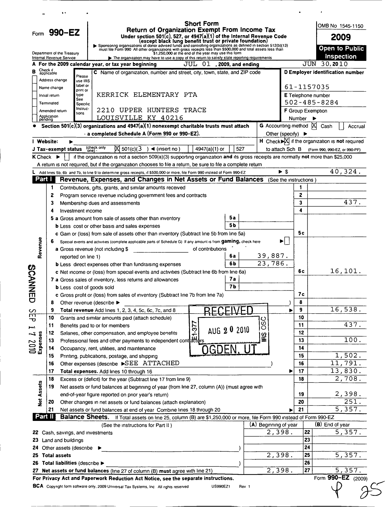 Image of first page of 2009 Form 990EZ for PTA Kentucky Congress / Kerrick Elementary PTA