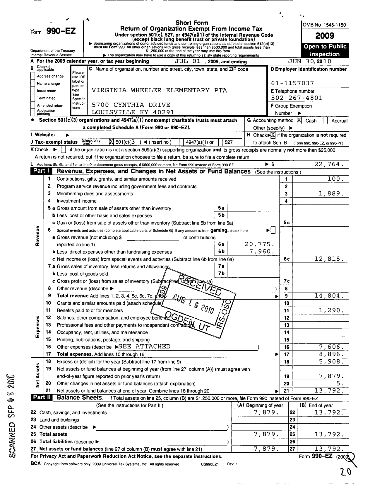 Image of first page of 2009 Form 990EZ for Virginia Wheeler PTA