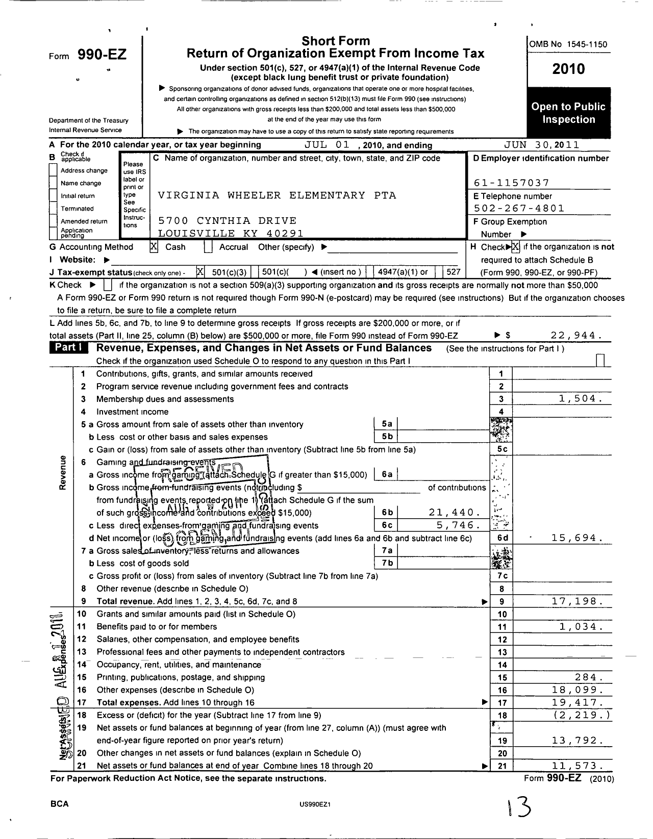 Image of first page of 2010 Form 990EZ for Virginia Wheeler PTA