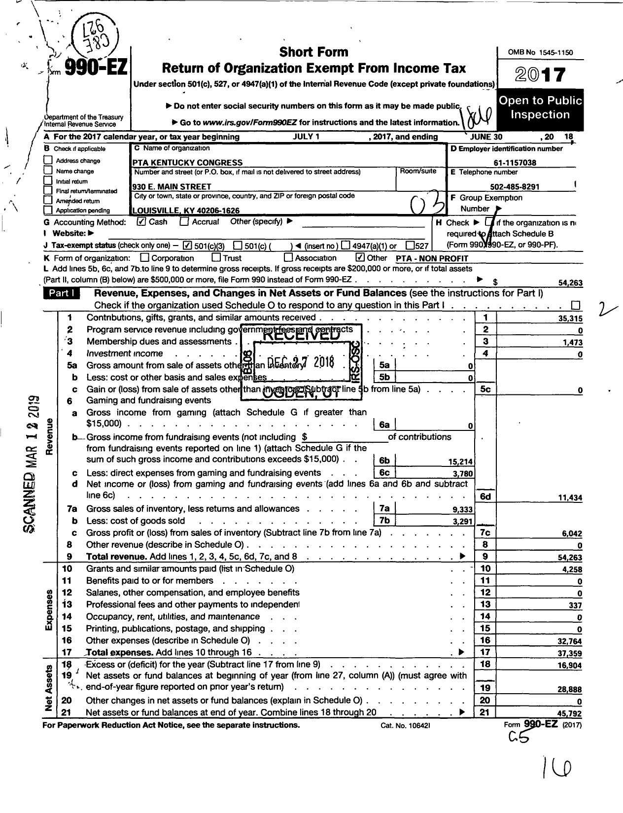 Image of first page of 2017 Form 990EZ for PTA KENTUCKY Congress / Lincoln Elementary PTA