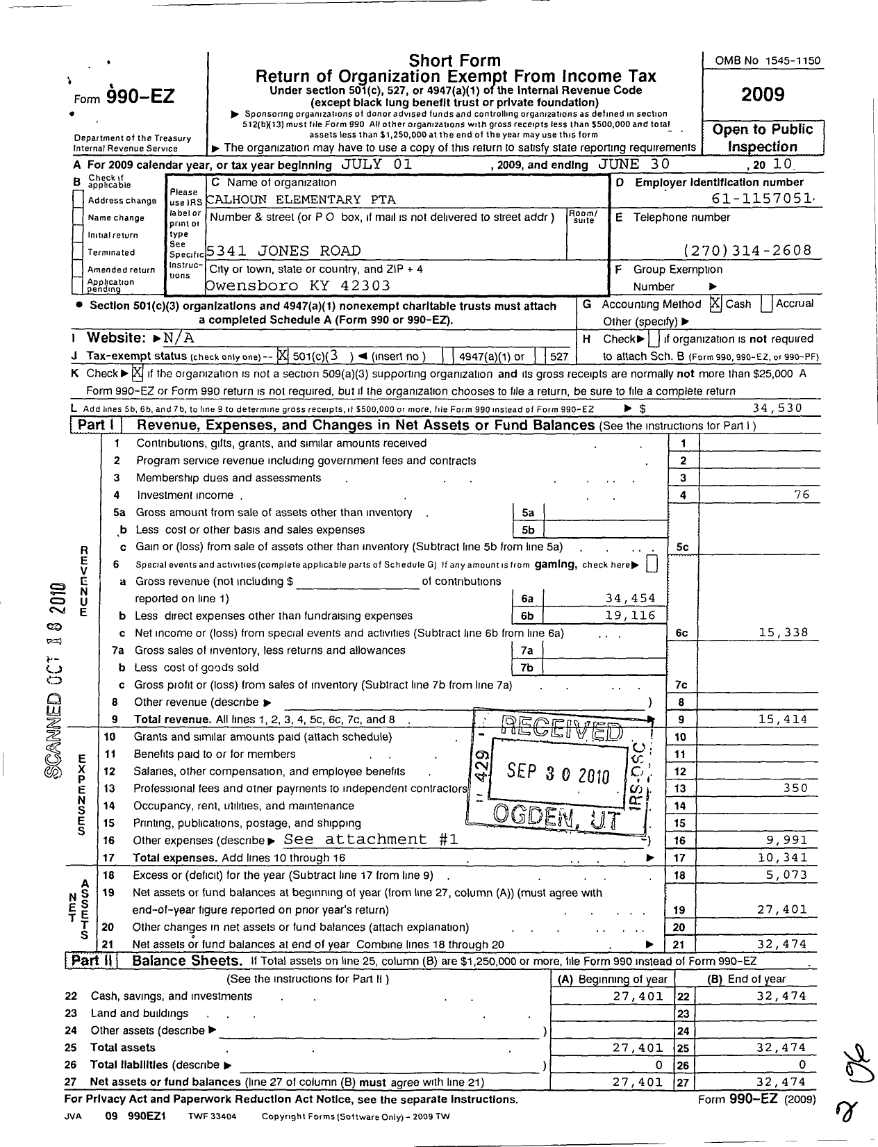 Image of first page of 2009 Form 990EZ for PTA Kentucky Congress / Calhoun Elem PTA