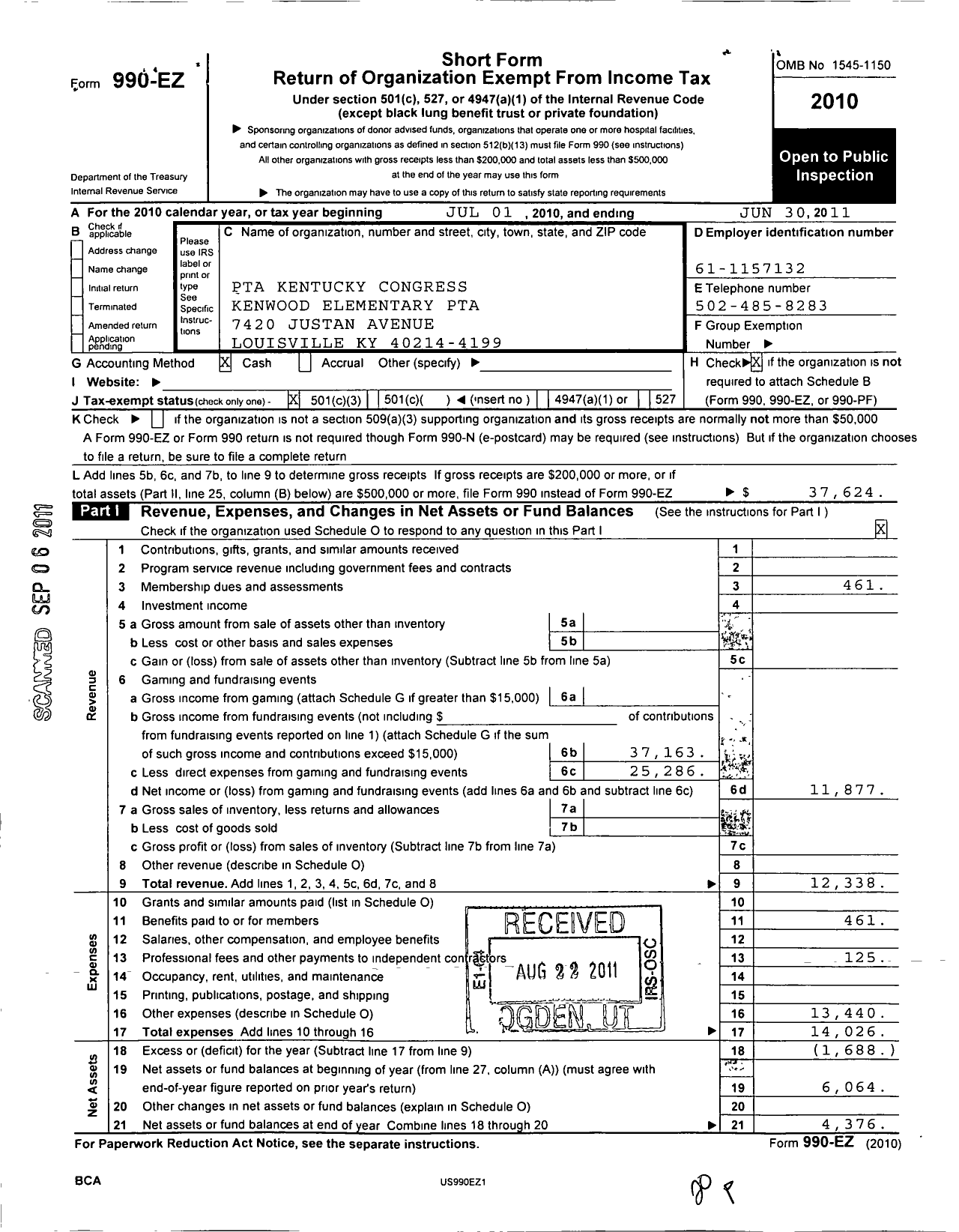 Image of first page of 2010 Form 990EZ for PTA Kentucky Congress / Kenwood Elementary PTA