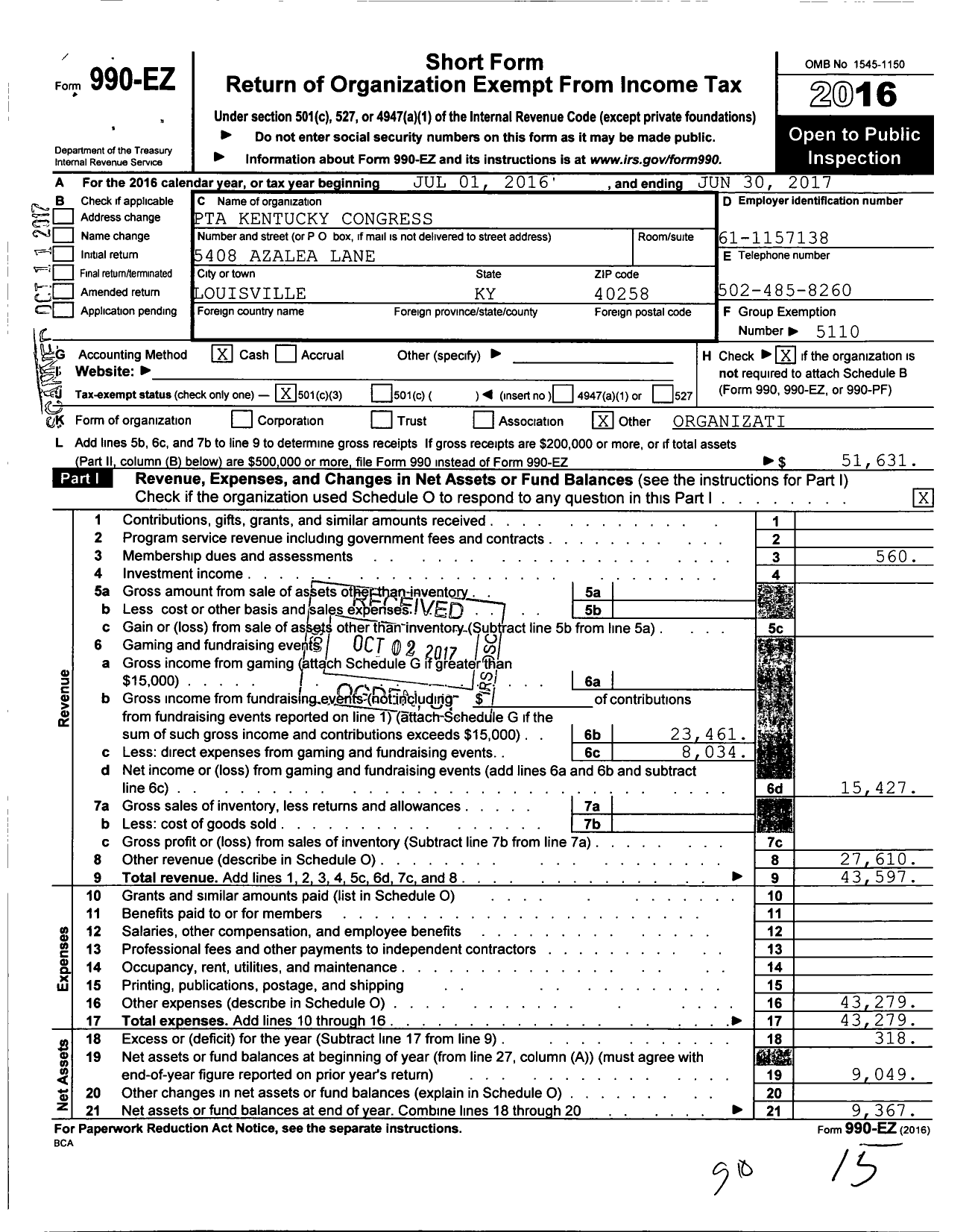 Image of first page of 2016 Form 990EZ for PTA Kentucky Congress / Greenwood Elementary PTA