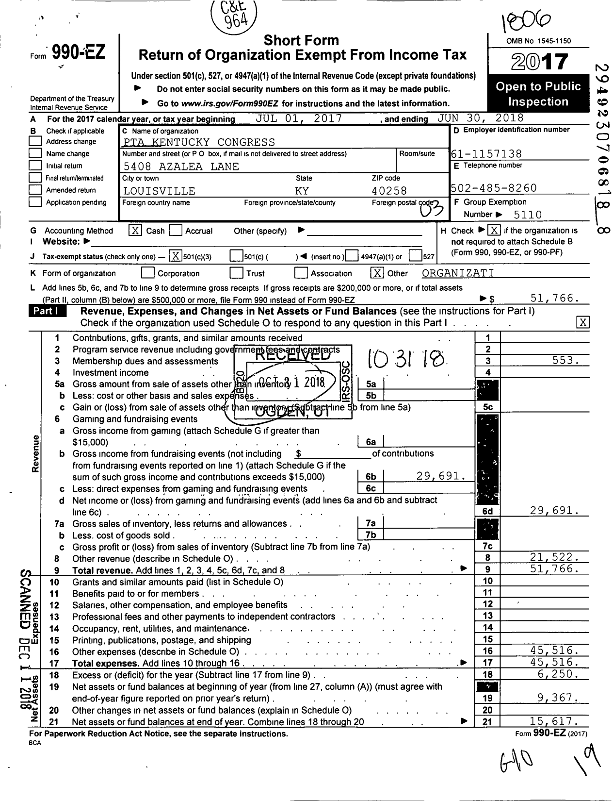 Image of first page of 2017 Form 990EZ for PTA Kentucky Congress / Greenwood Elementary PTA