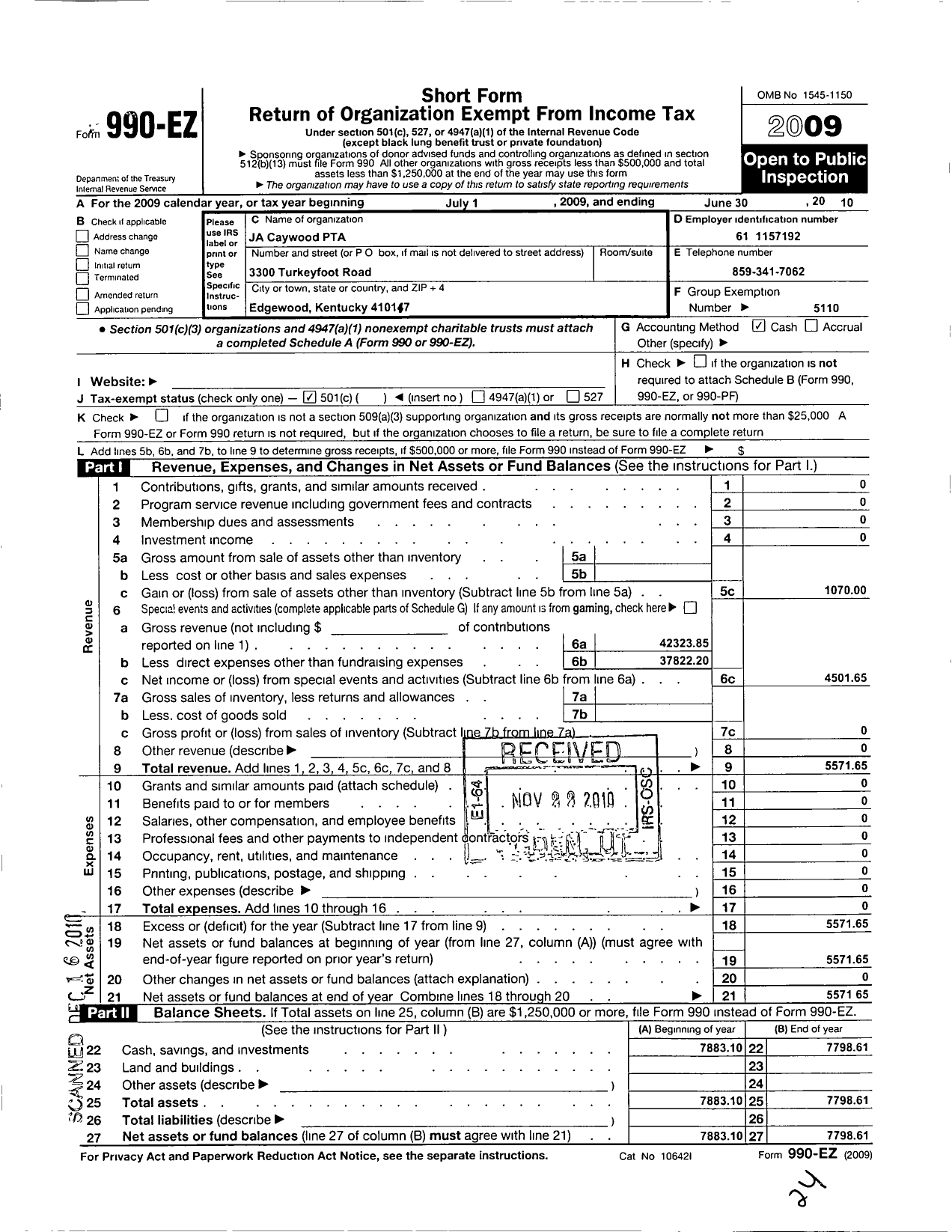 Image of first page of 2009 Form 990EO for PTA Kentucky Congress / James A Caywood Elem PTA