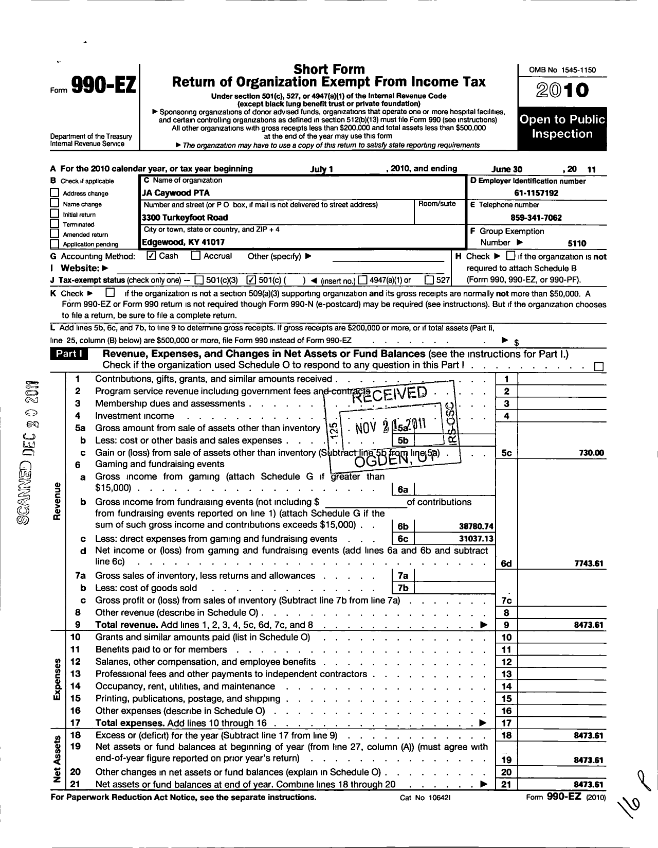 Image of first page of 2010 Form 990EO for PTA Kentucky Congress / James A Caywood Elem PTA