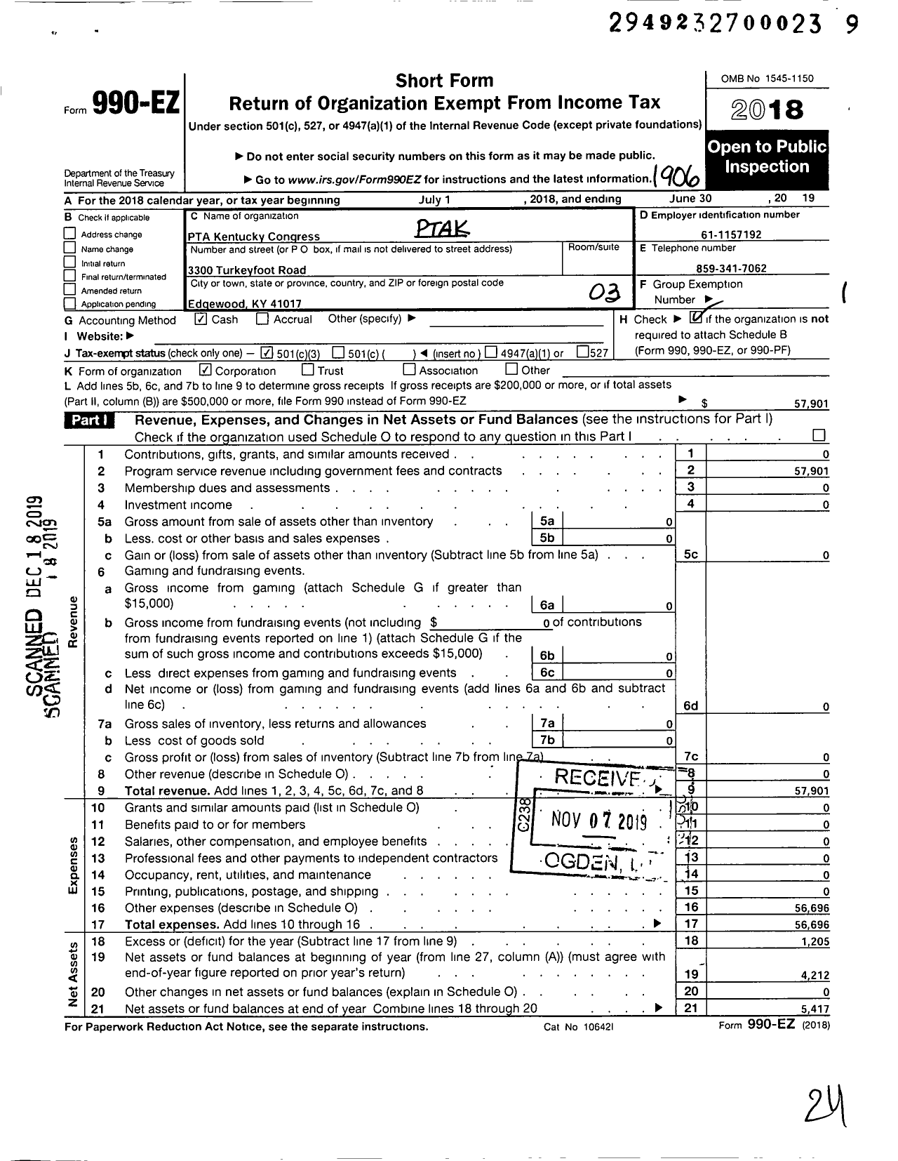 Image of first page of 2018 Form 990EZ for PTA Kentucky Congress / James A Caywood Elem PTA