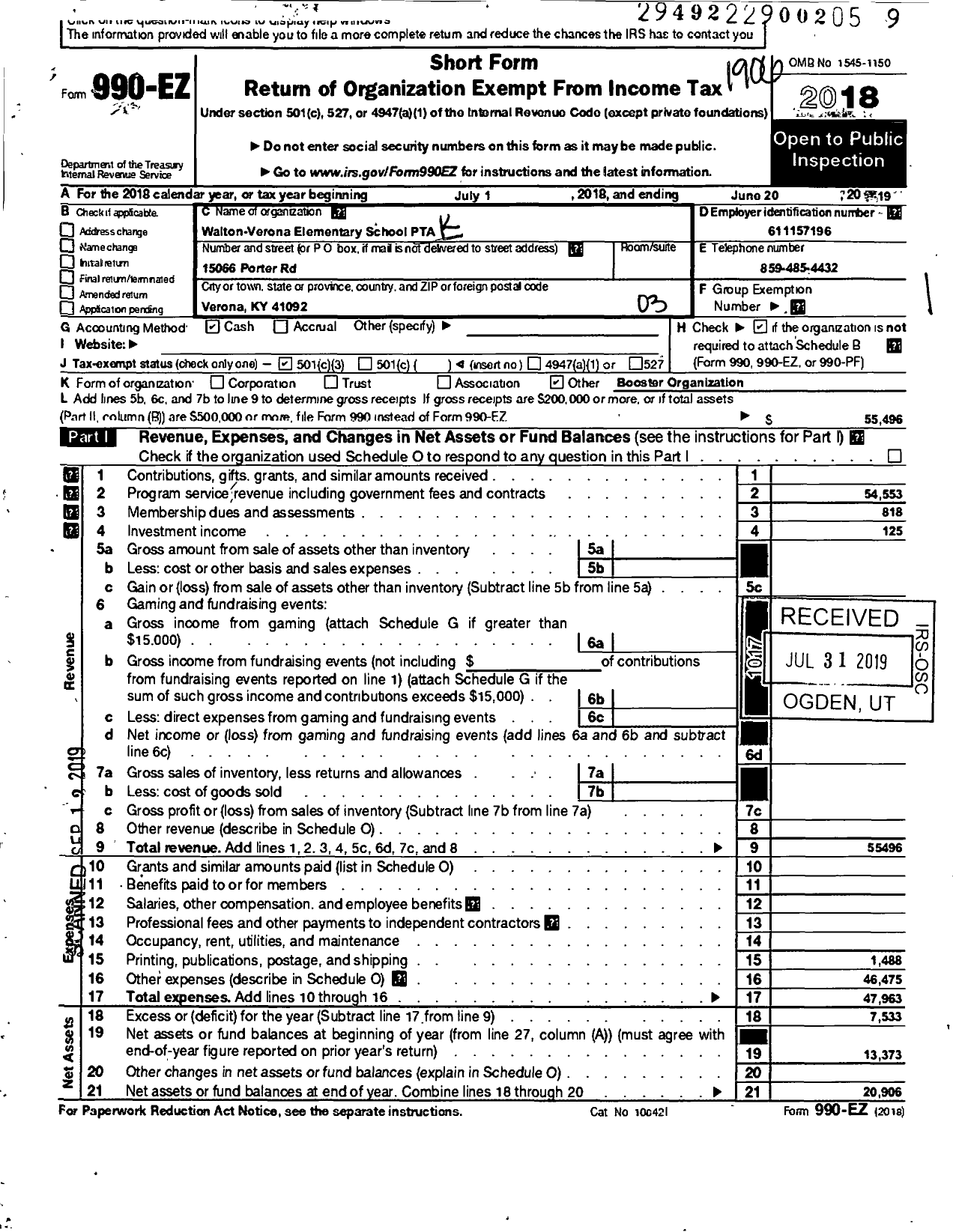 Image of first page of 2018 Form 990EZ for PTA Kentucky Congress / Walton-Verona Elementary PTA