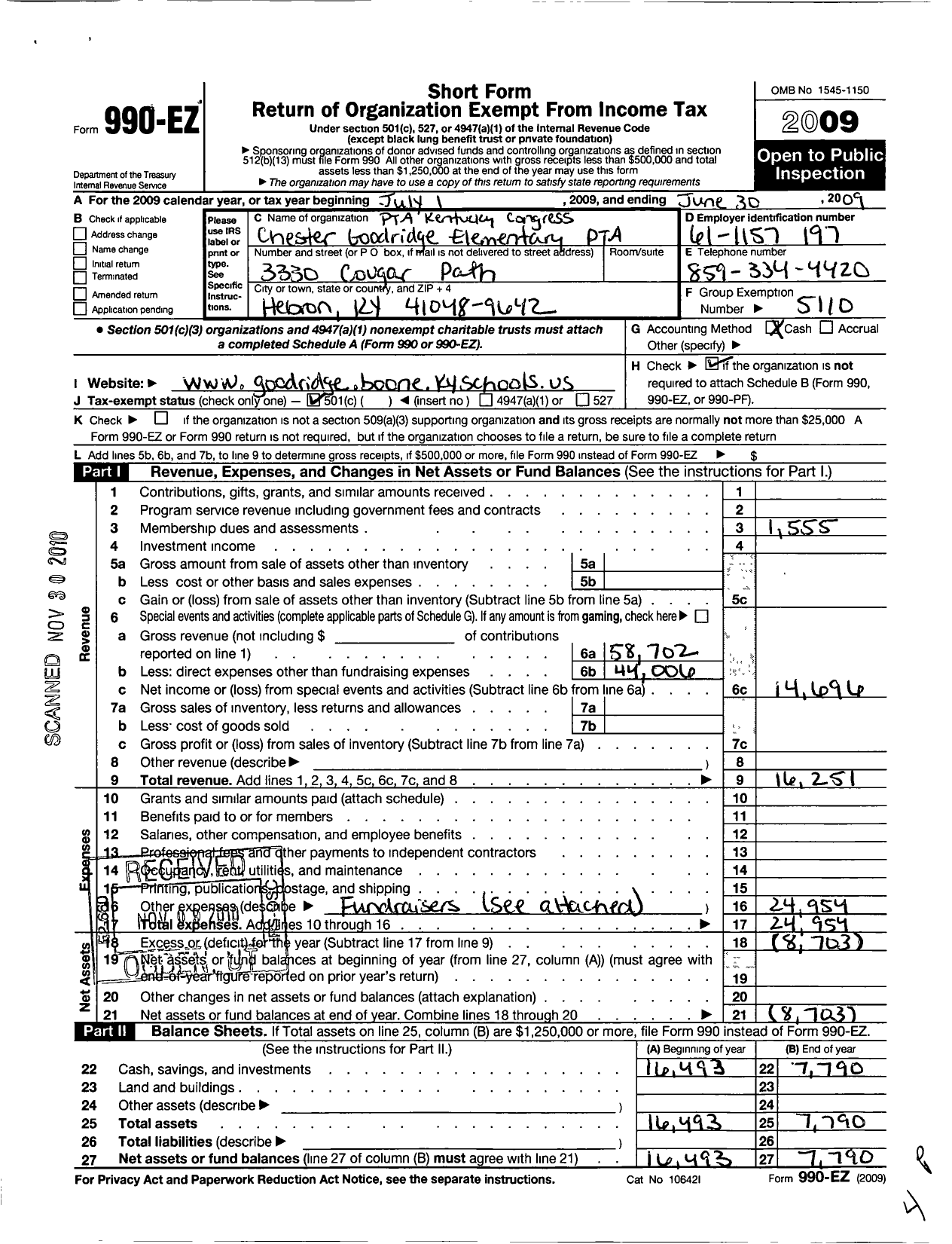 Image of first page of 2008 Form 990EO for PTA Kentucky Congress / Chester Goodridge Elementary PTA