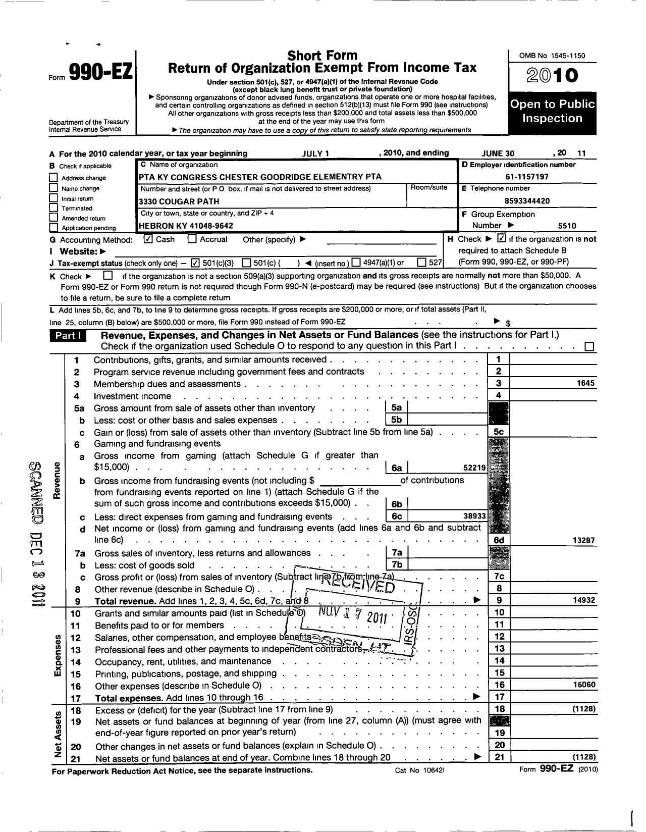 Image of first page of 2010 Form 990EZ for PTA Kentucky Congress / Chester Goodridge Elementary PTA