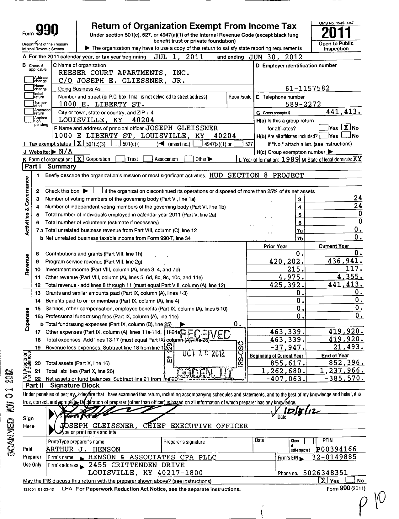 Image of first page of 2011 Form 990 for Reeser Court Apartments