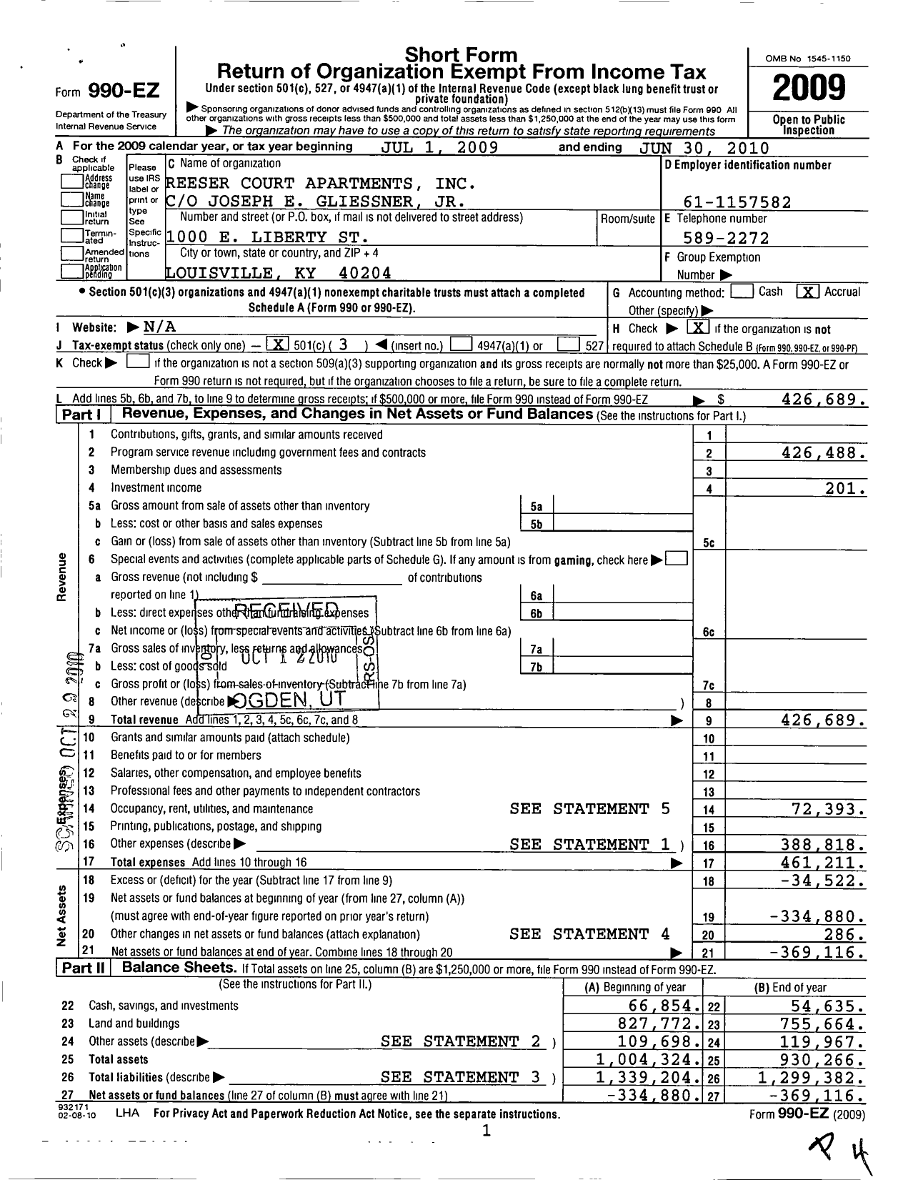 Image of first page of 2009 Form 990EZ for Reeser Court Apartments