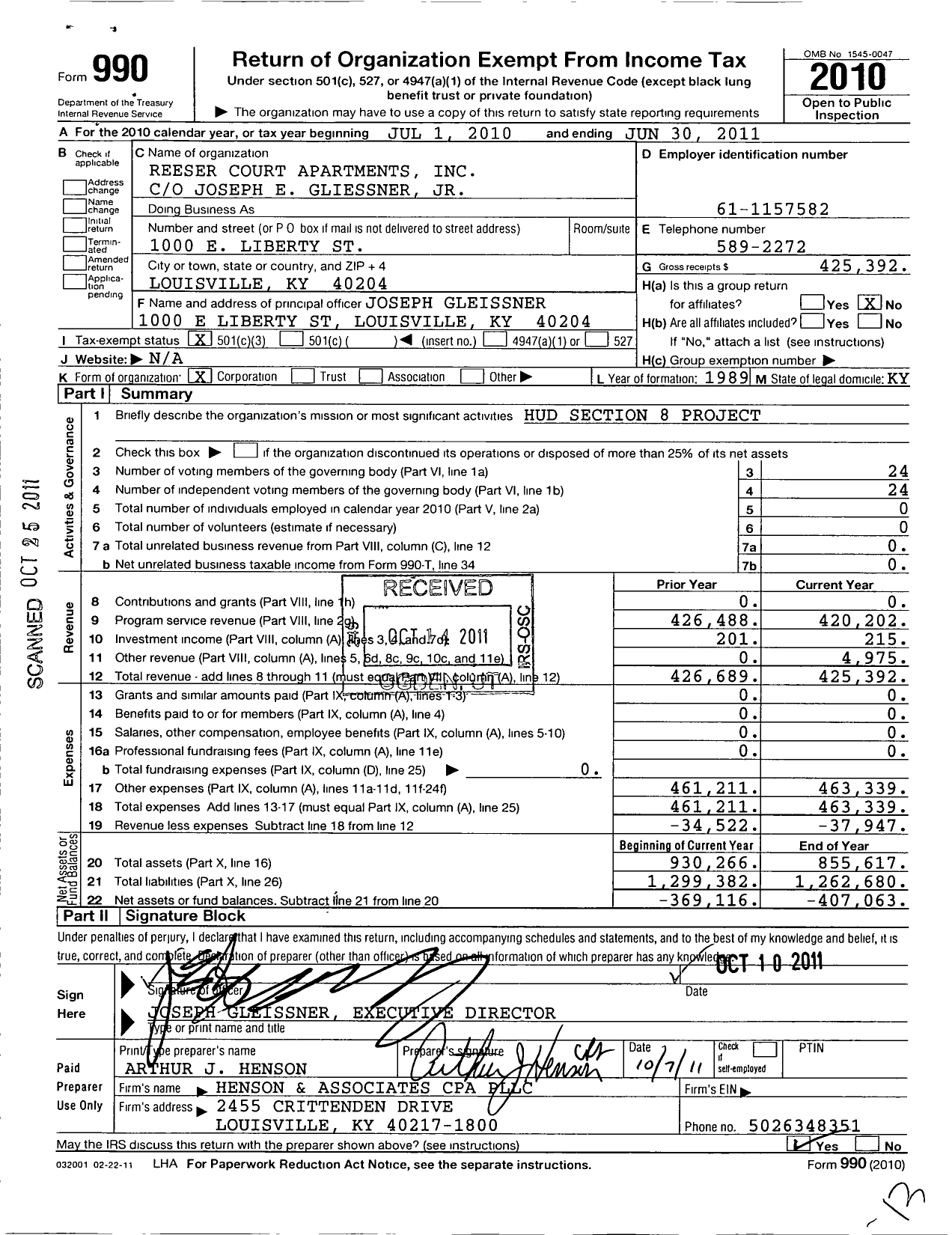 Image of first page of 2010 Form 990 for Reeser Court Apartments